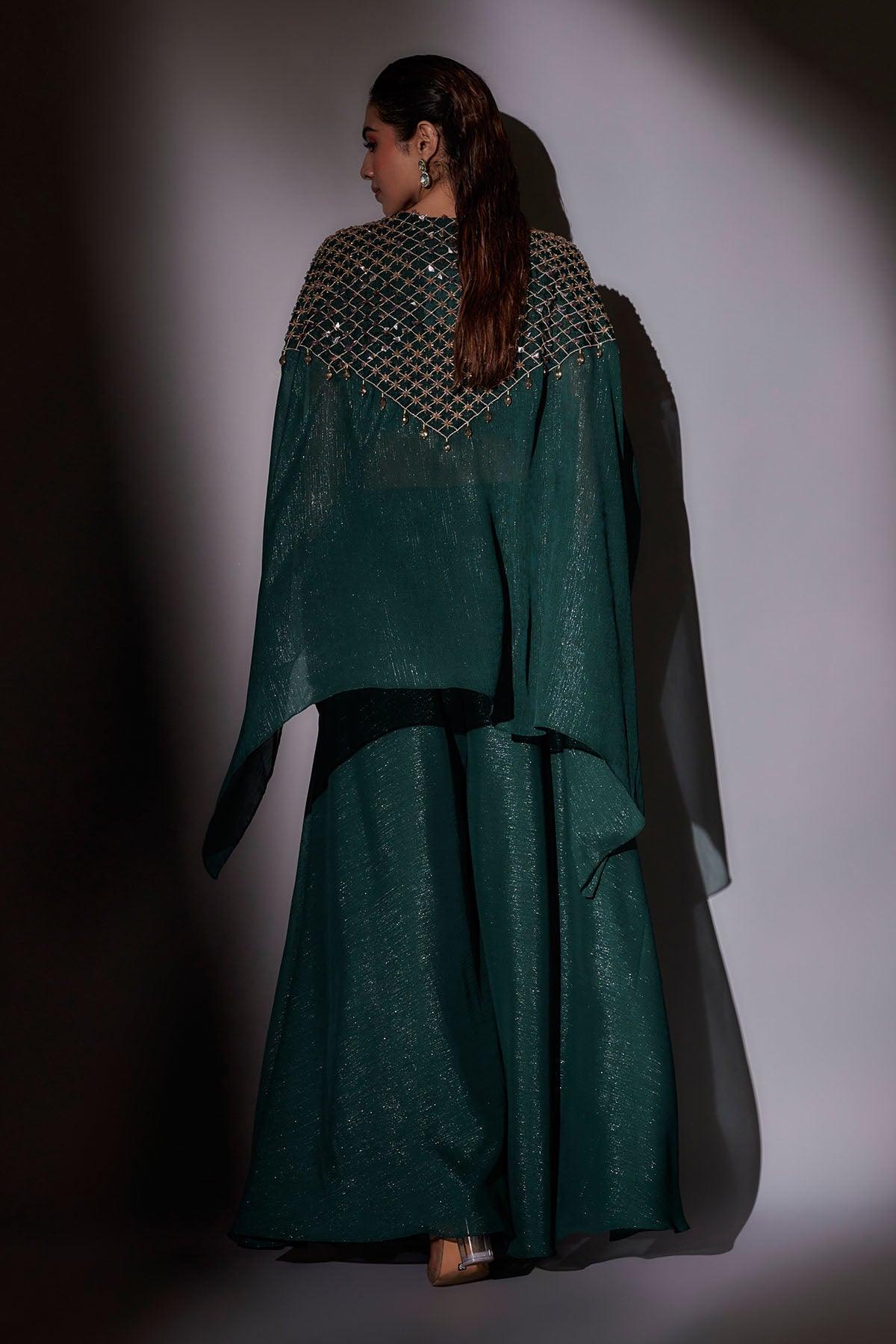 Green Embroidered Short Cape Set