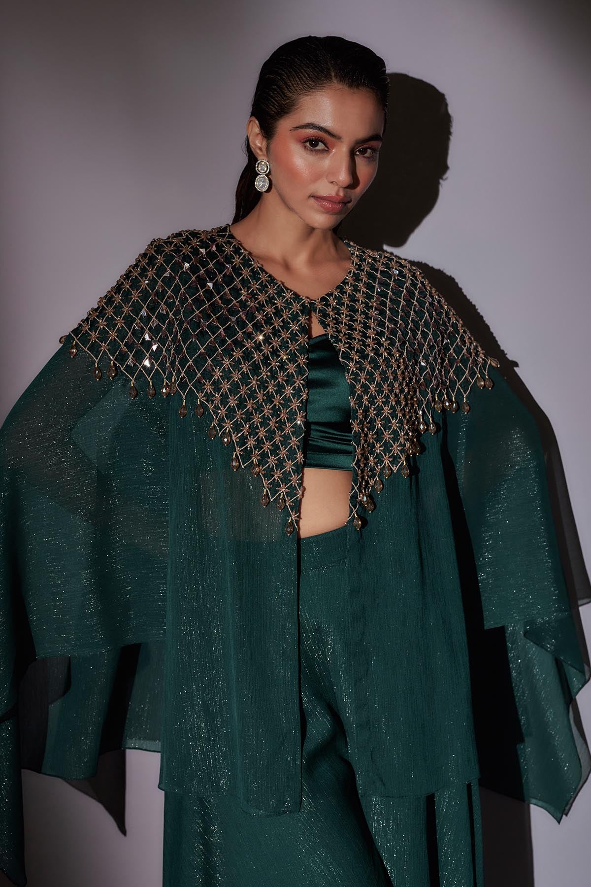 Green Embroidered Short Cape Set