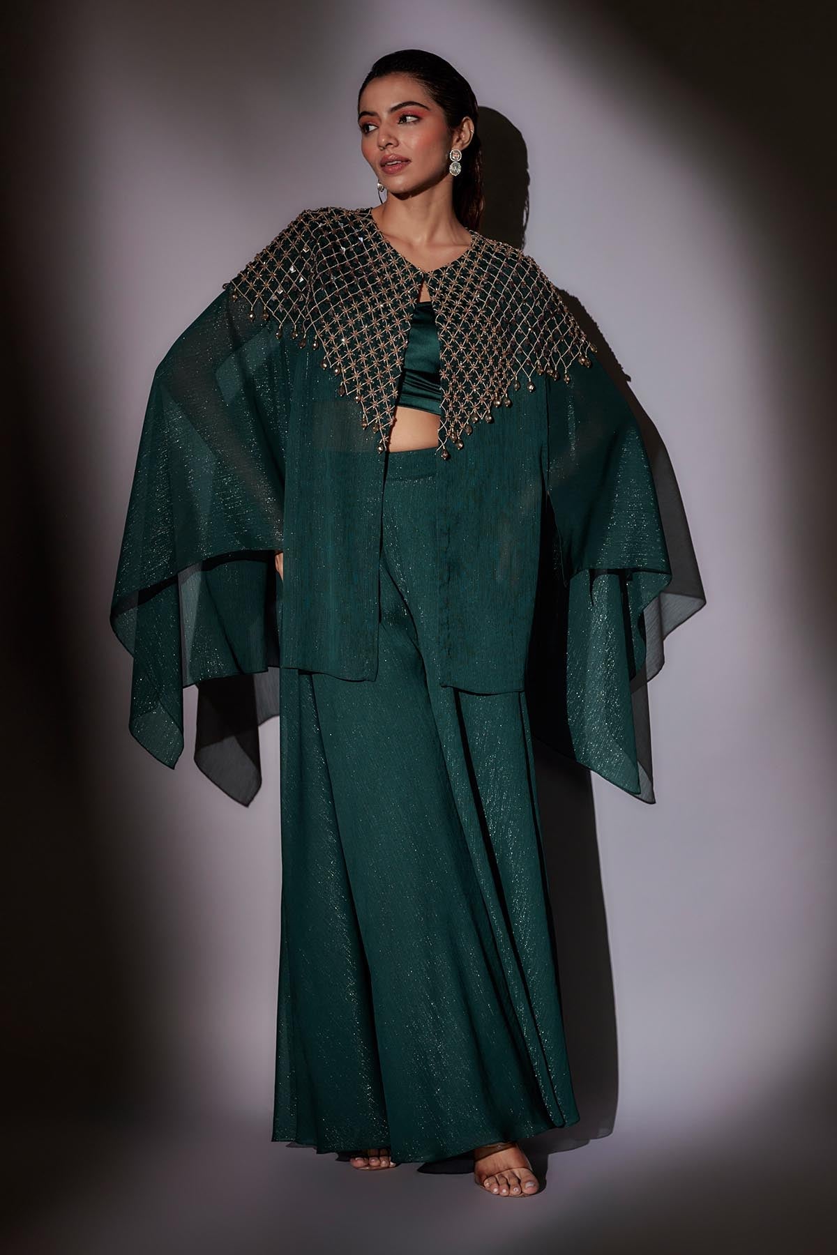 Buy Green Embroidered Short Cape Set by Ajiesh Oberoi for women online at ScrollnShops