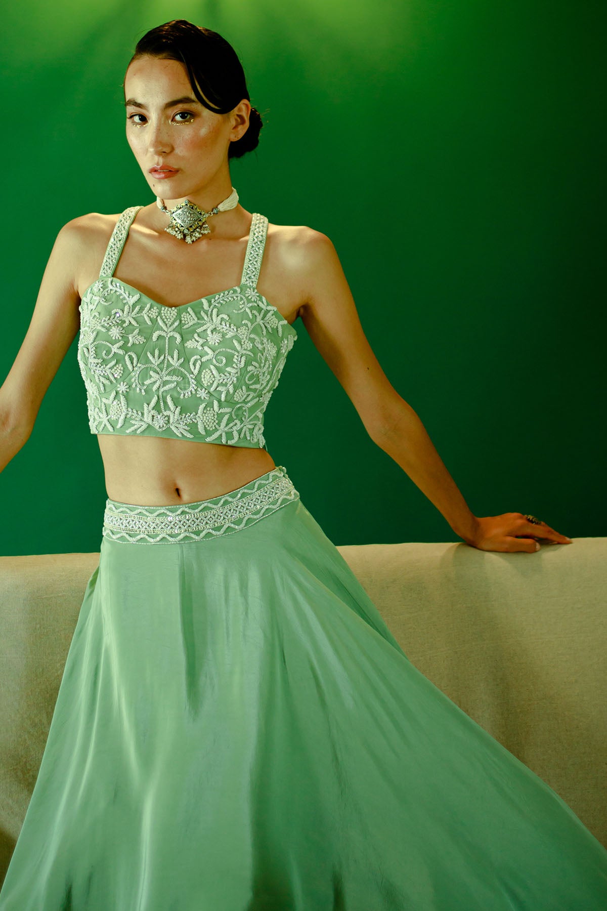 Green Embroidered Skirt & Blouse