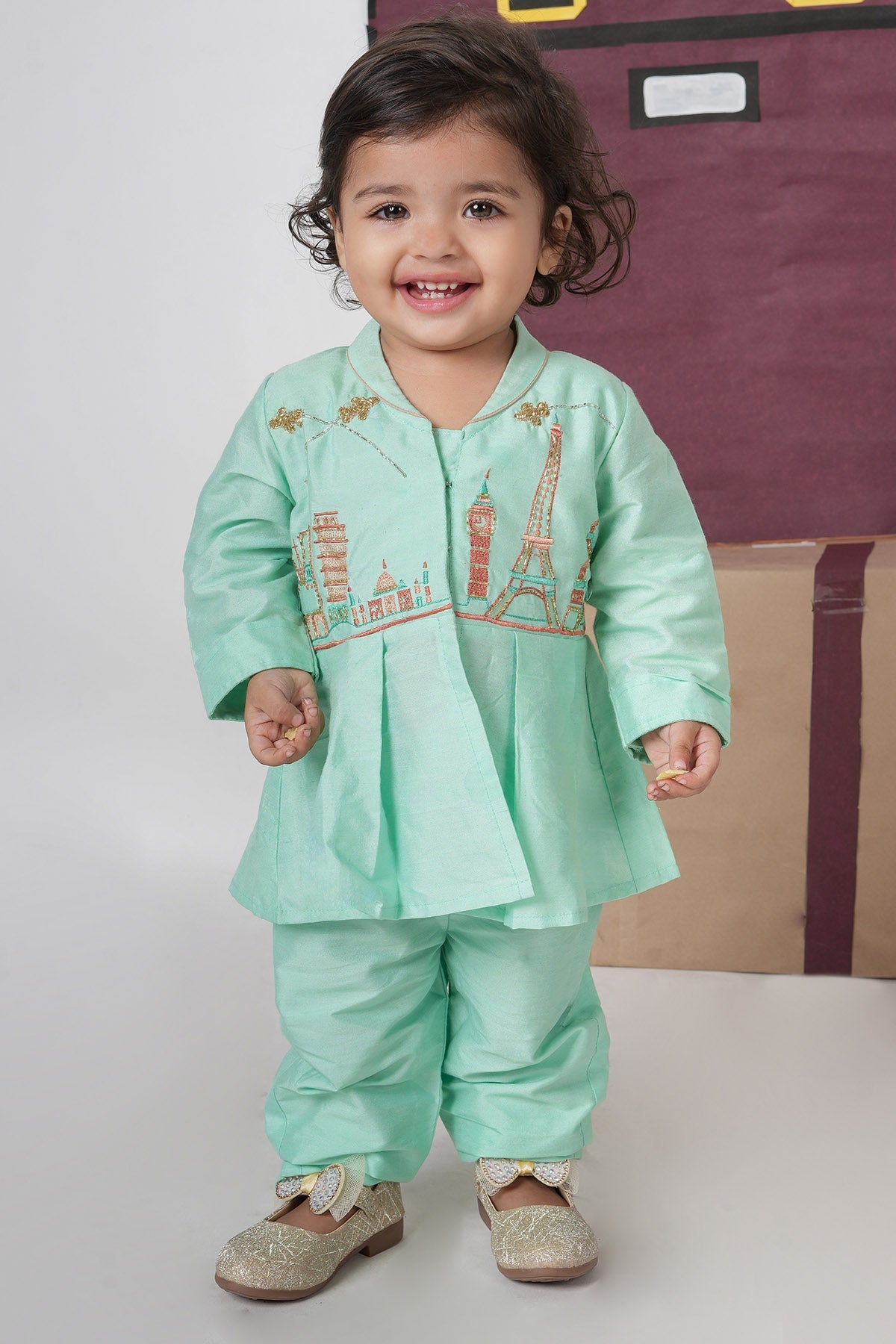 Buy Embroidered Green Top & Pants for girl by Little Brats online available at scrollnshops