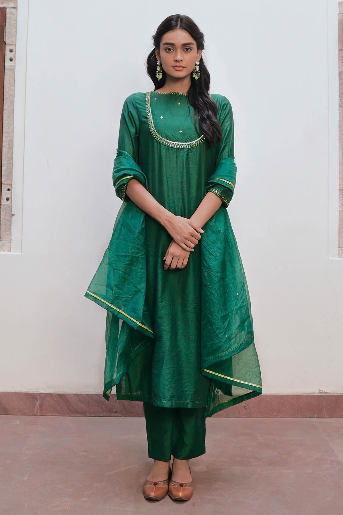 Taro India Green Embroidered Yoke Kurta Set for women online at ScrollnShops