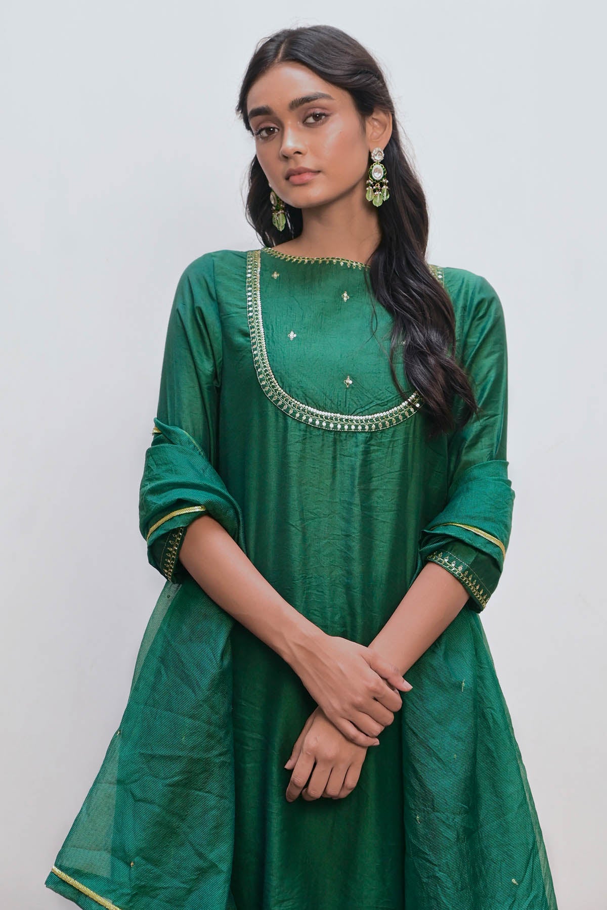 Green Embroidered Yoke Kurta Set