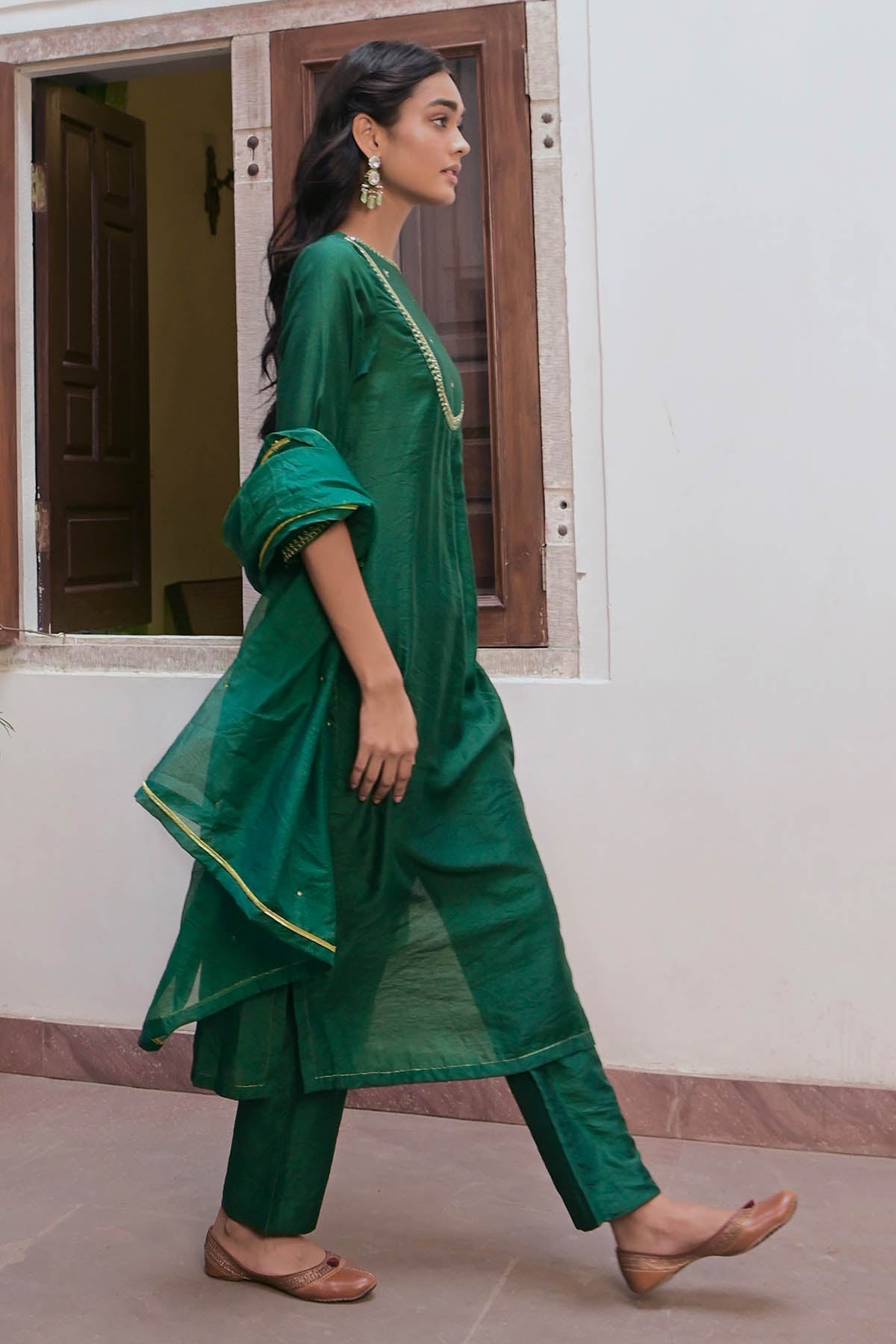 Green Embroidered Yoke Kurta Set