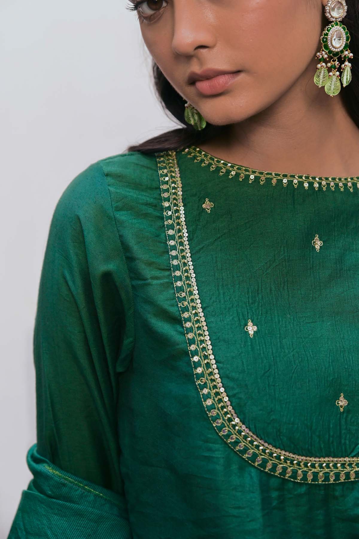 Green Embroidered Yoke Kurta Set