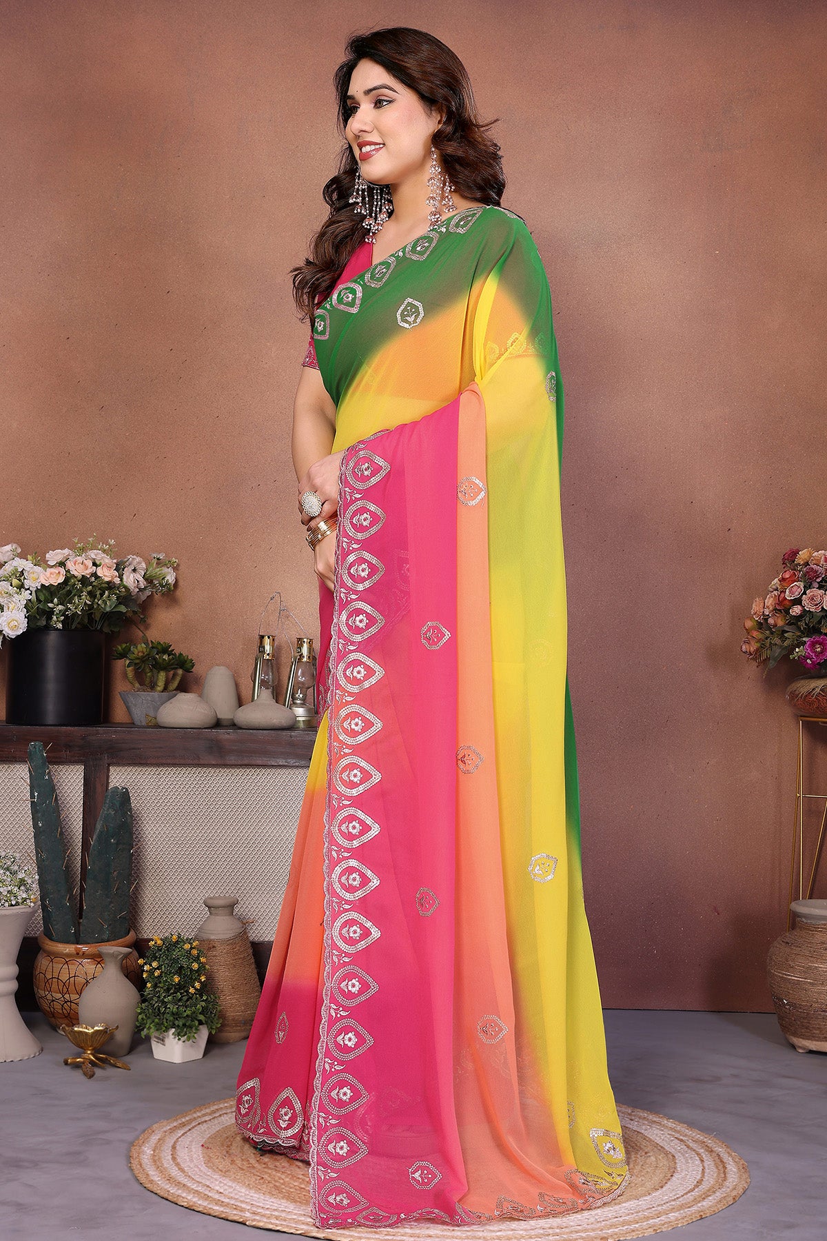 Green Embroidery Padding Saree
