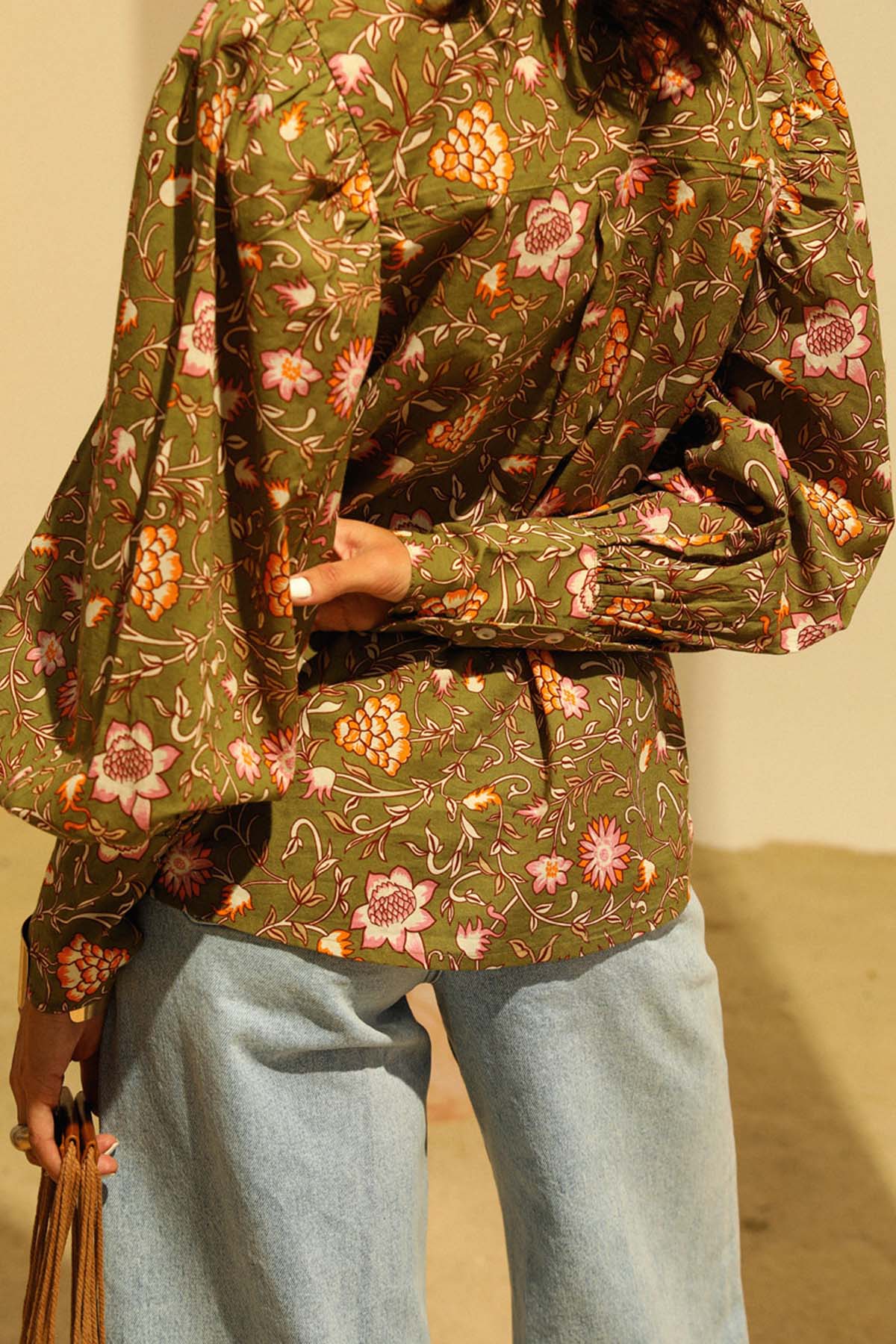 Green Ethnic Floral Print Shirt