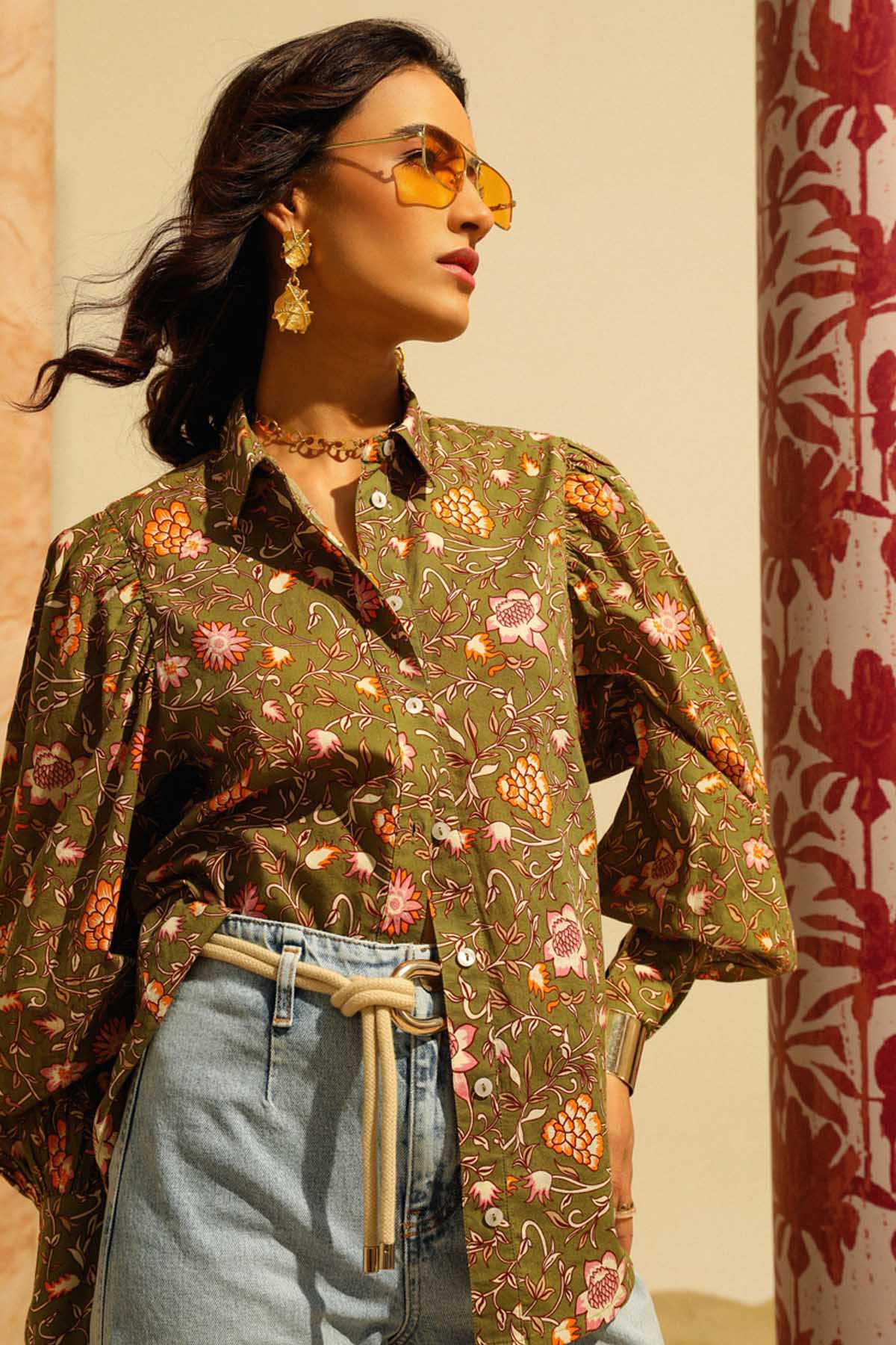 Green Ethnic Floral Print Shirt