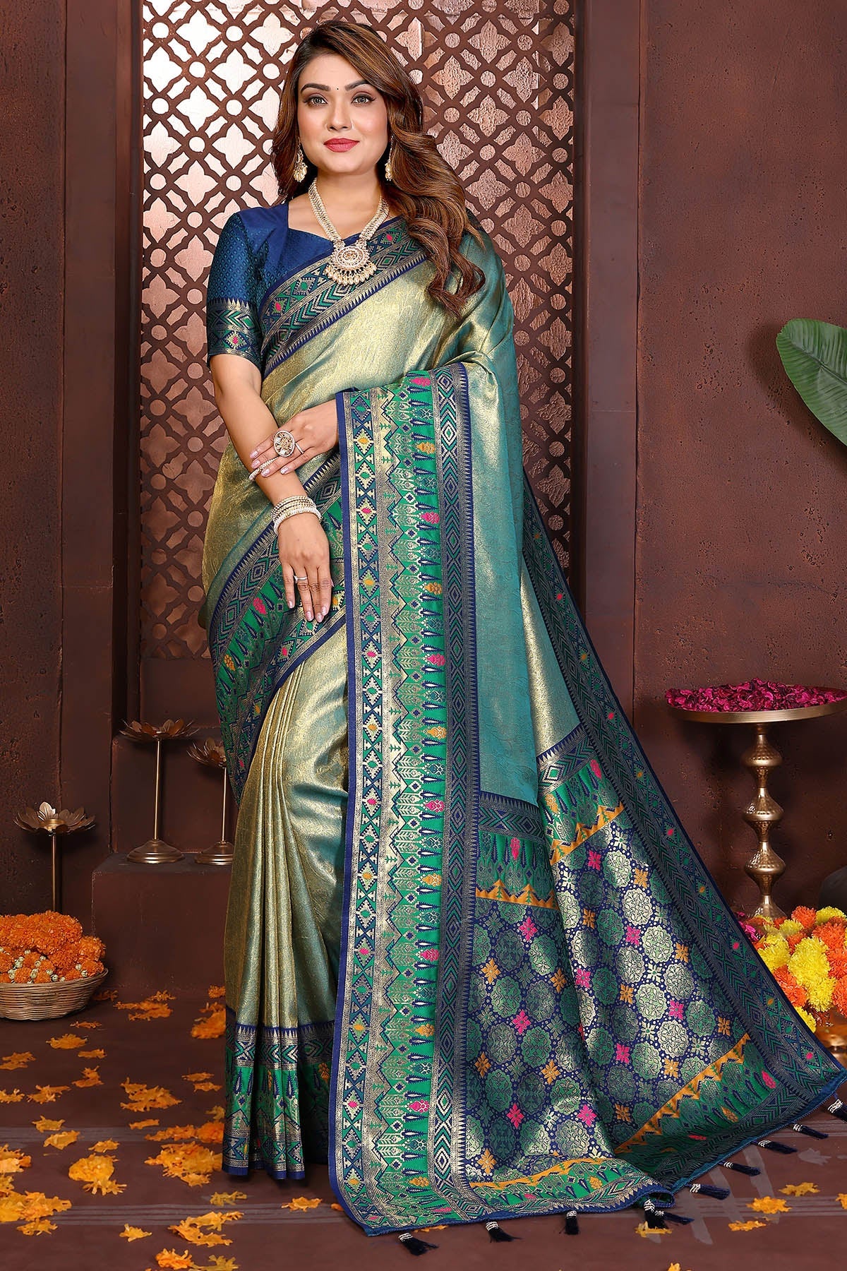 Buy Green Fancy Tissue Silk Saree for women by Aastha Fashion online available at scrollnshops