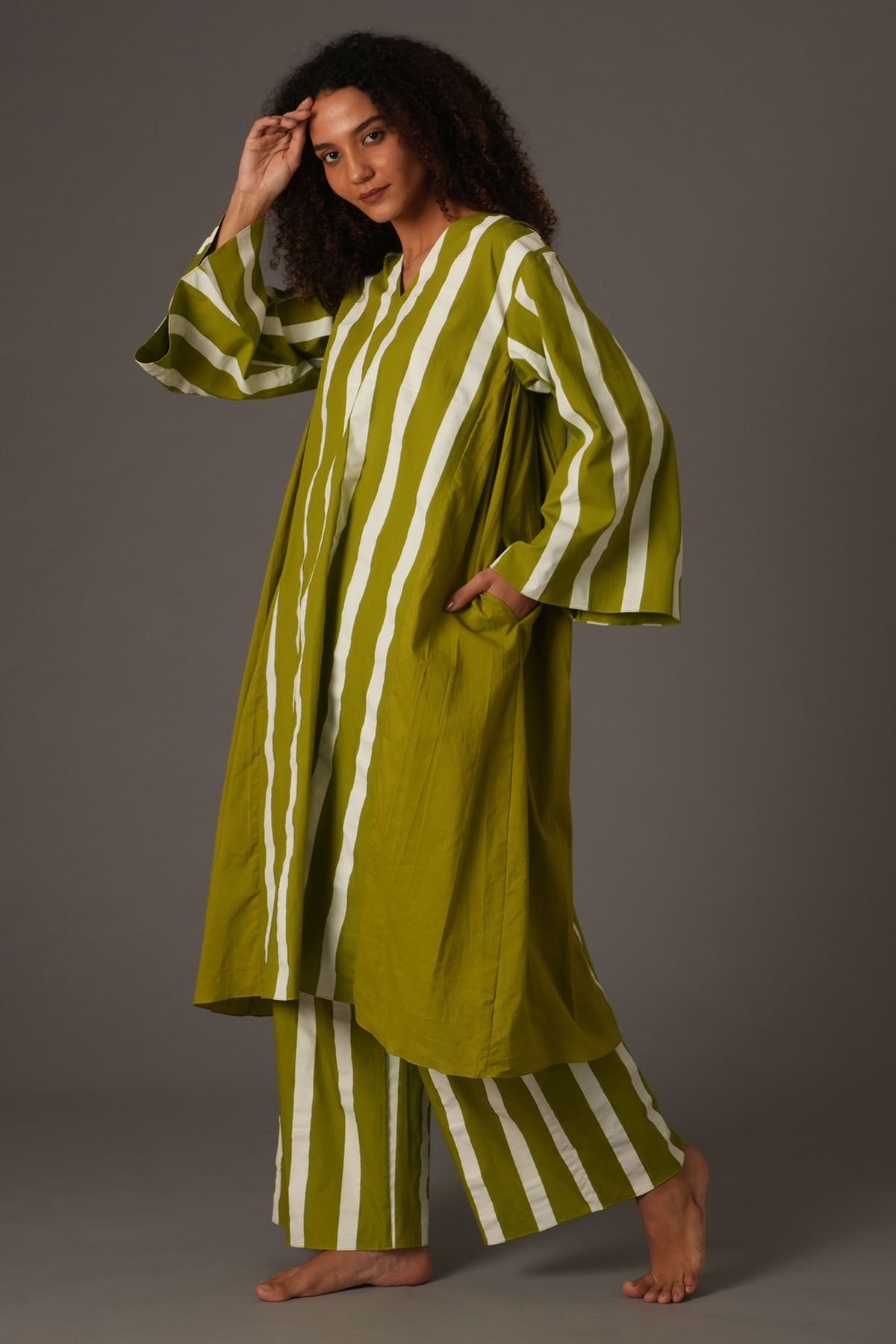 Green Flare Stripe Kurta & Pants