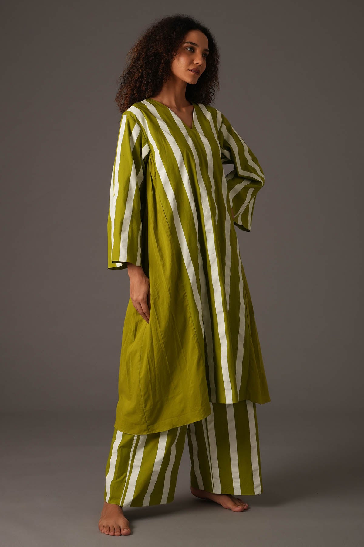 Green Flare Stripe Kurta & Pants