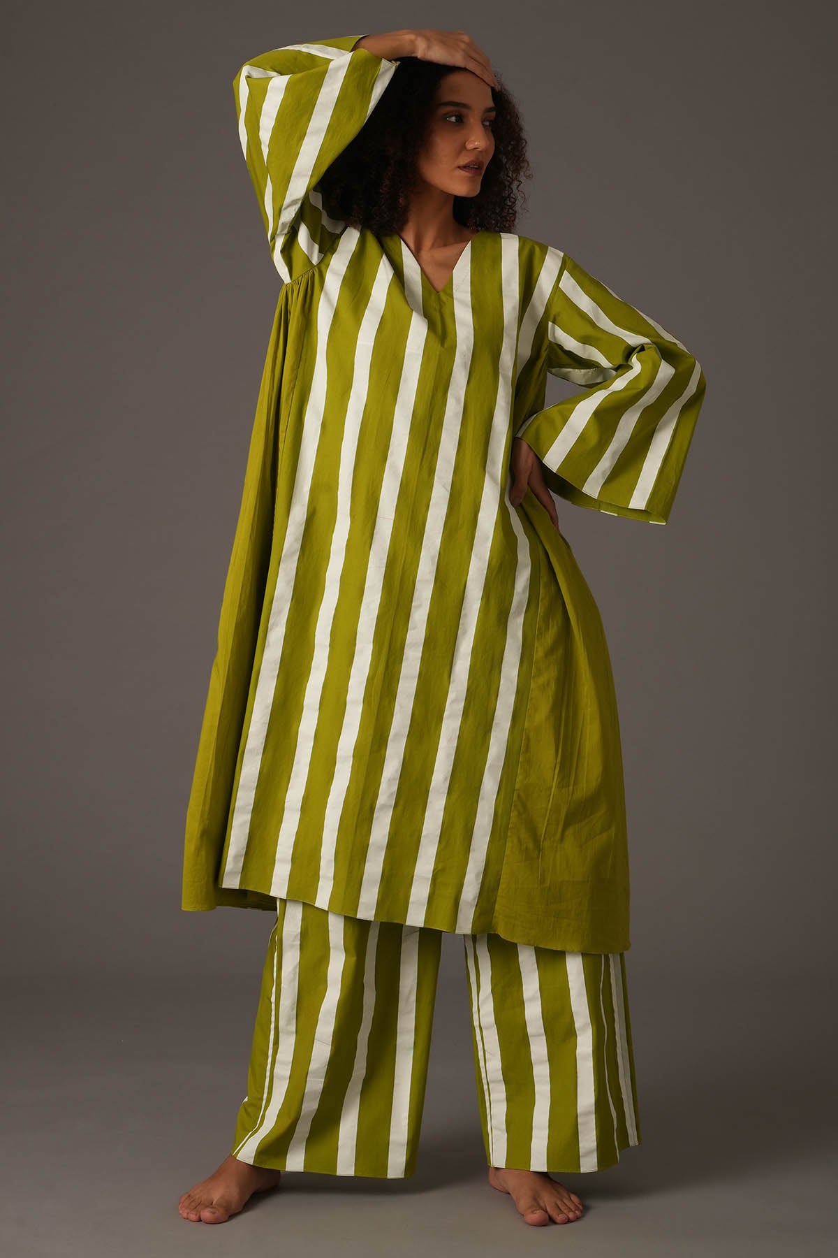 Green Flare Stripe Kurta & Pants