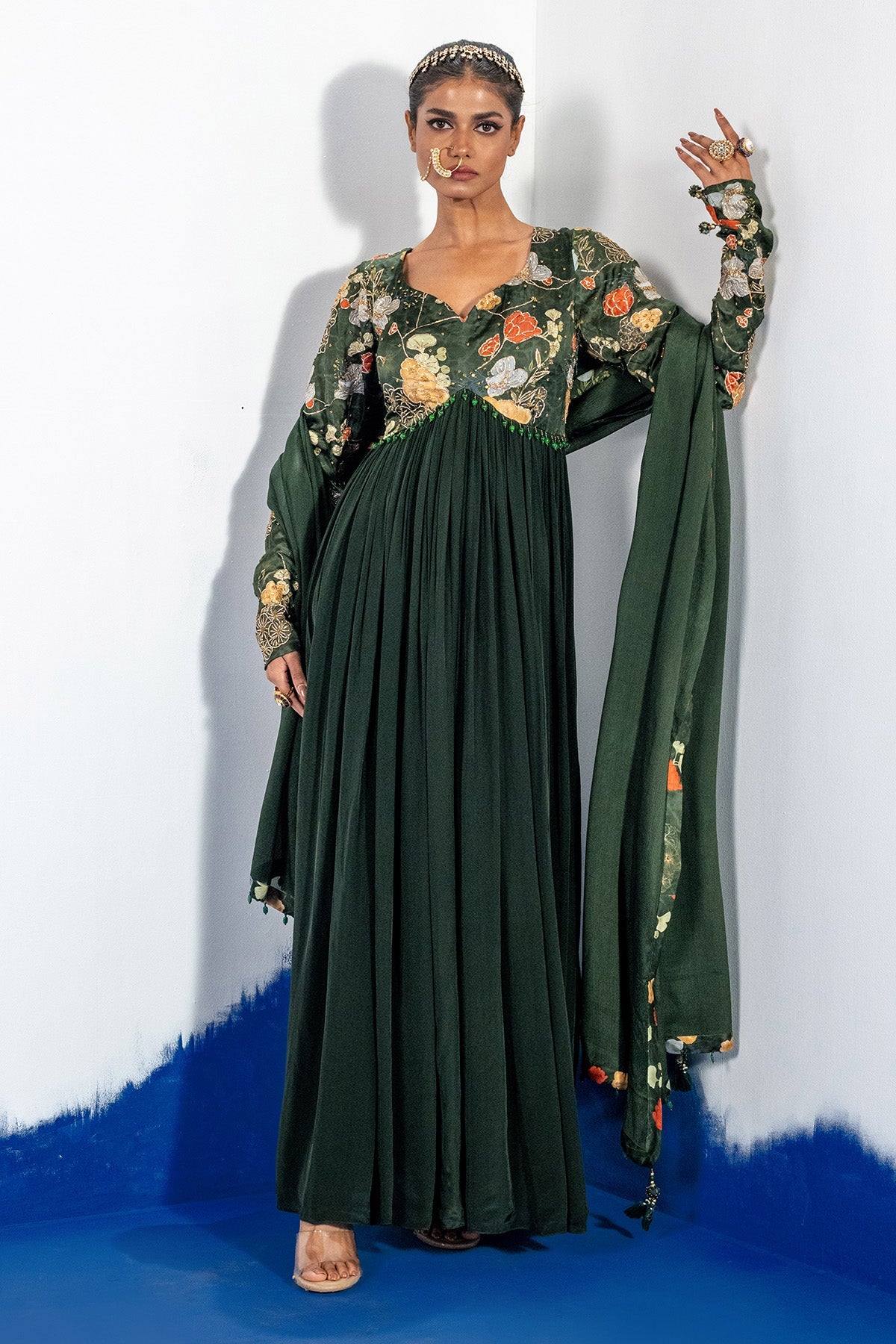 Buy Green Flared Anarkali & Dupatta by Shristi Chetani for women online at ScrollnShops