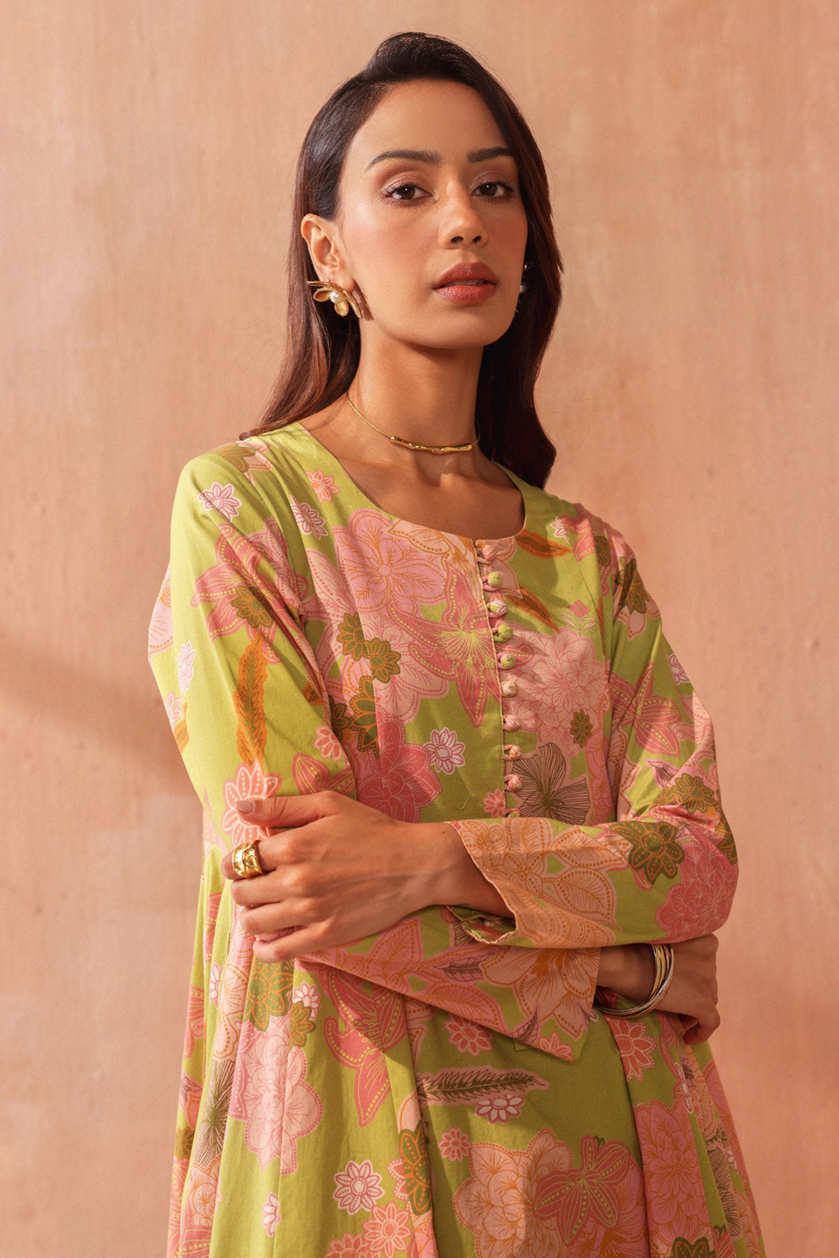 Green Flared Print Kurta & Pants