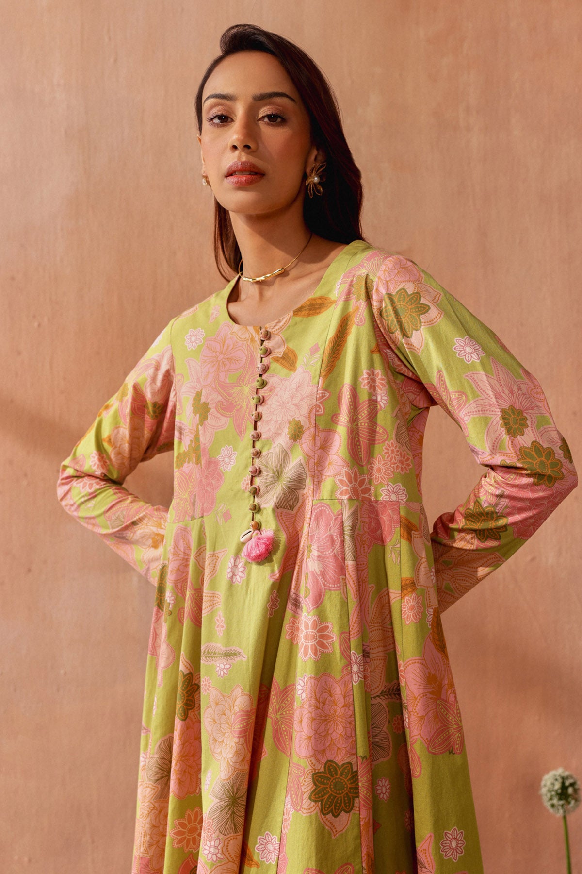 Green Flared Print Kurta & Pants
