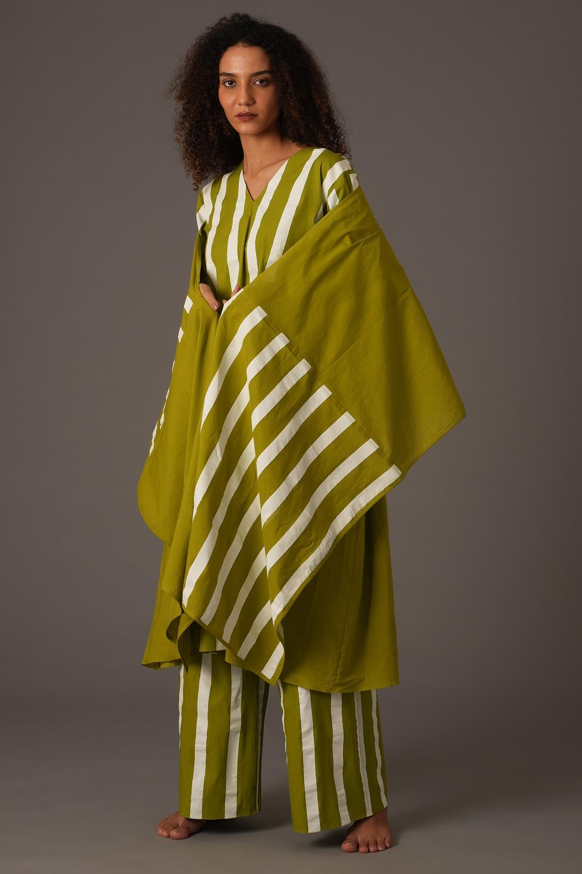 Green Flared Stripes Kurta Set