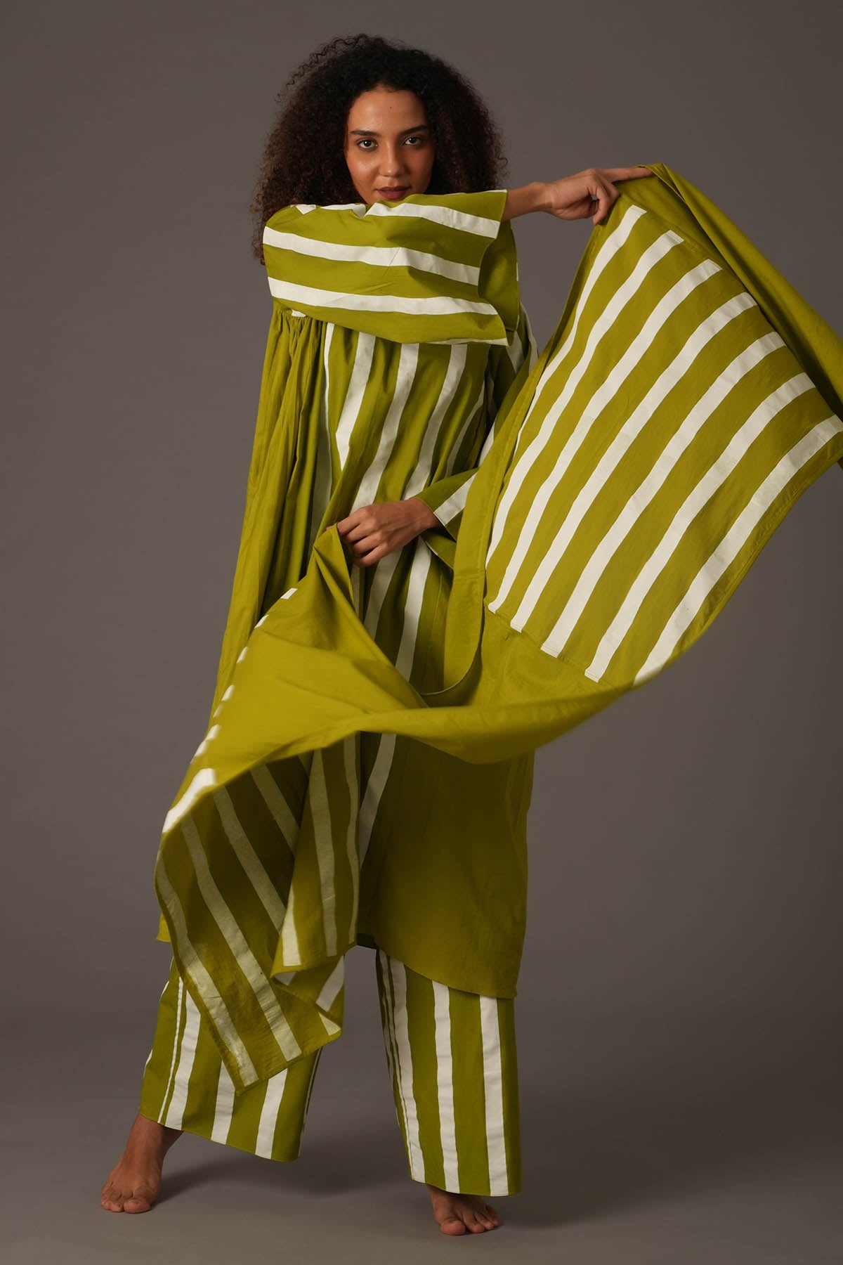 Green Flared Stripes Kurta Set