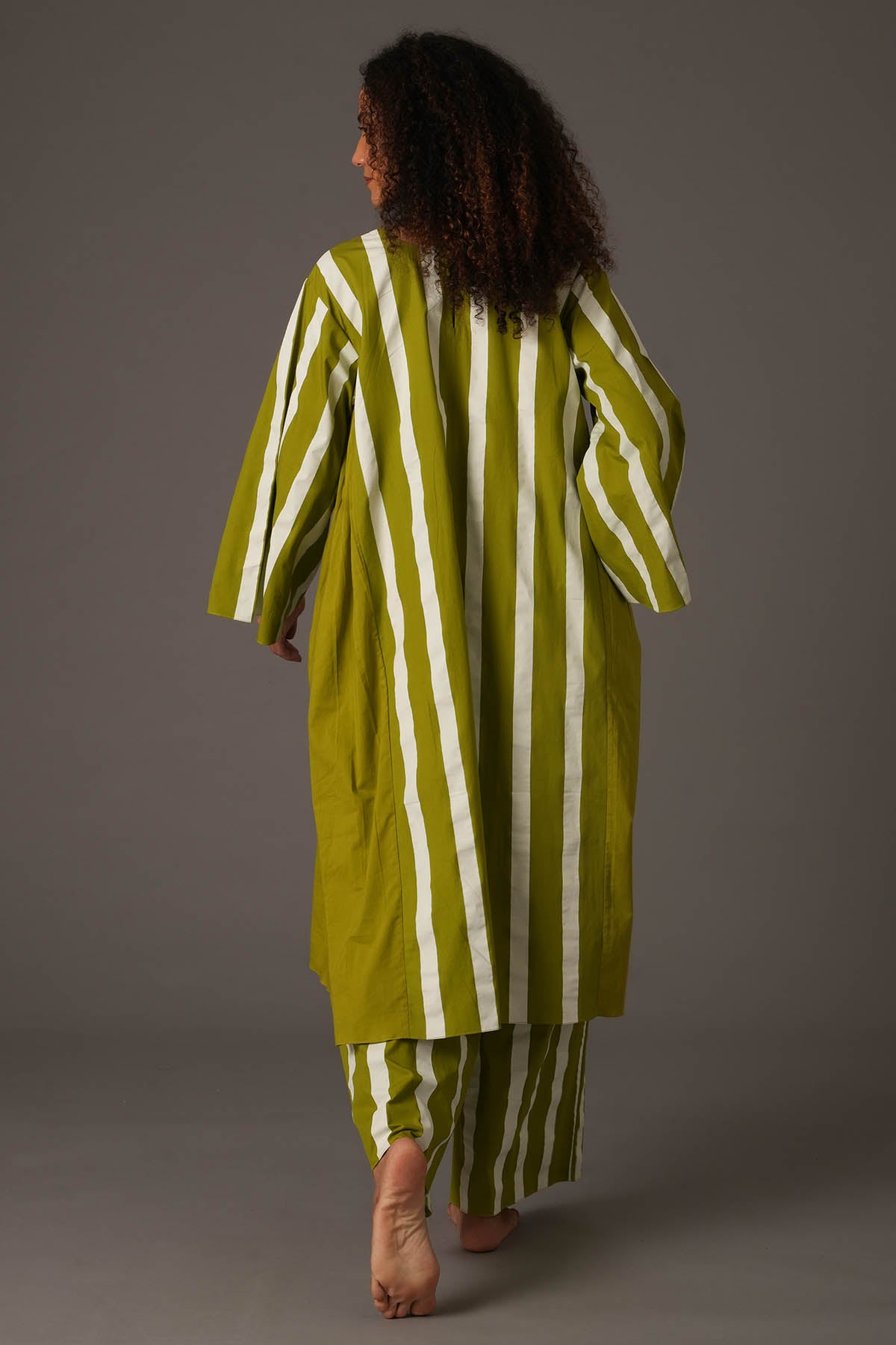 Green Flared Stripes Kurta Set