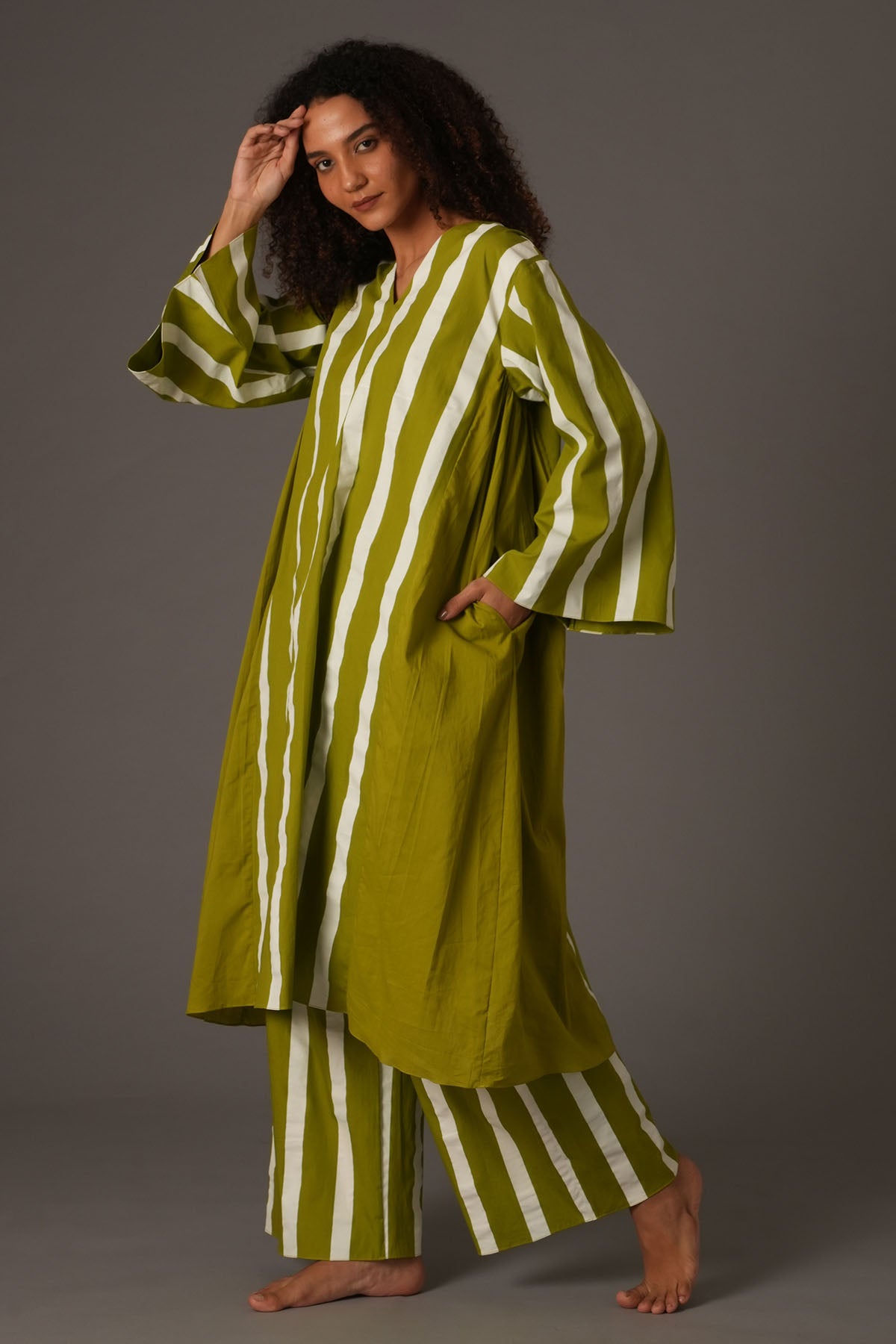 Green Flared Stripes Kurta Set