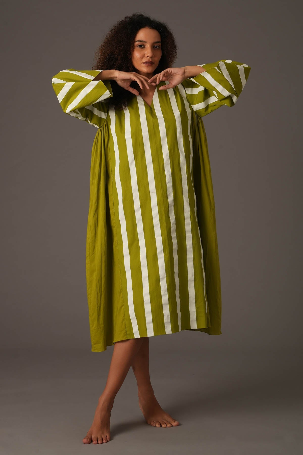 Buy Designer Green Flared Stripes Midi Dress Online