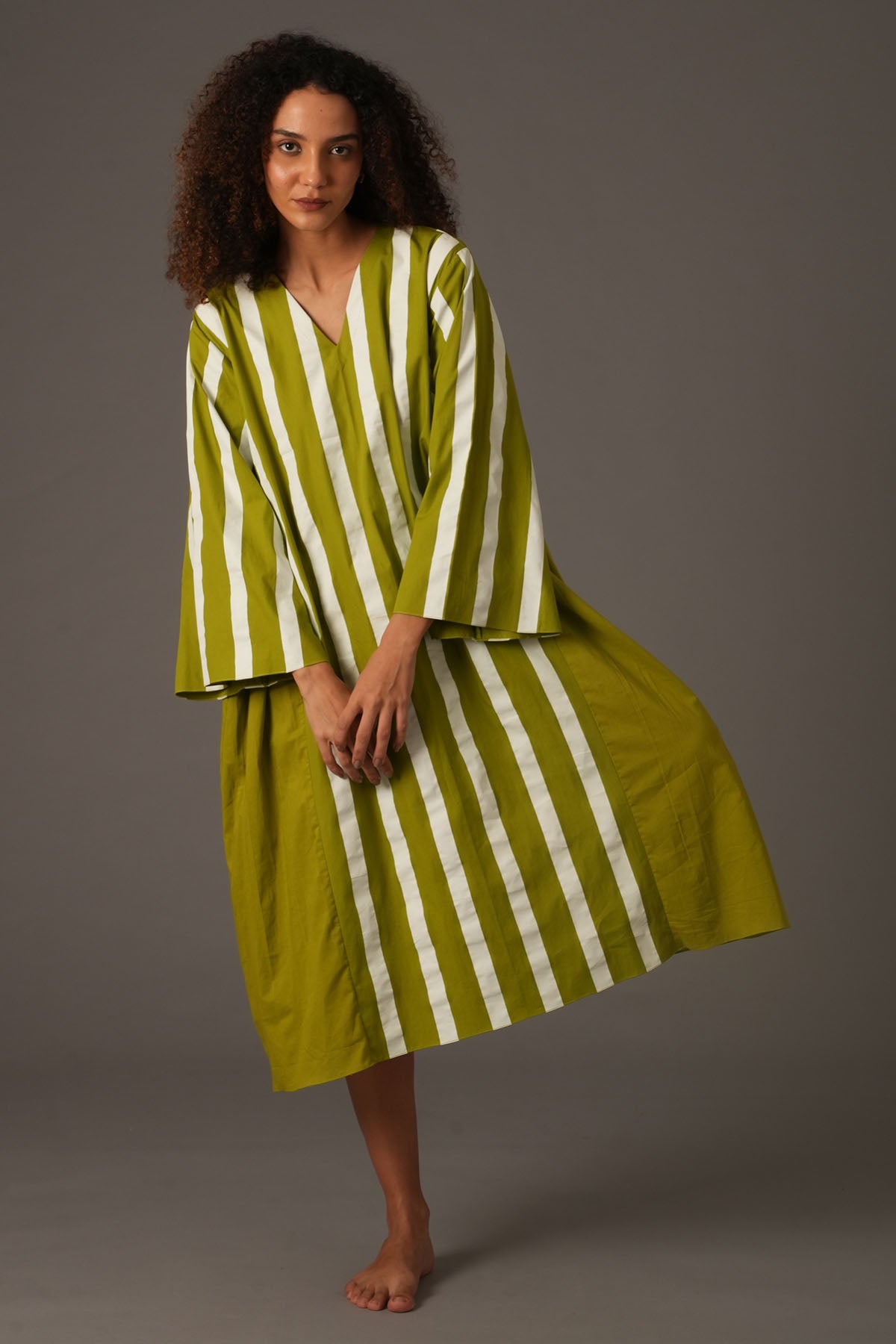 Green Flared Stripes Midi Dress