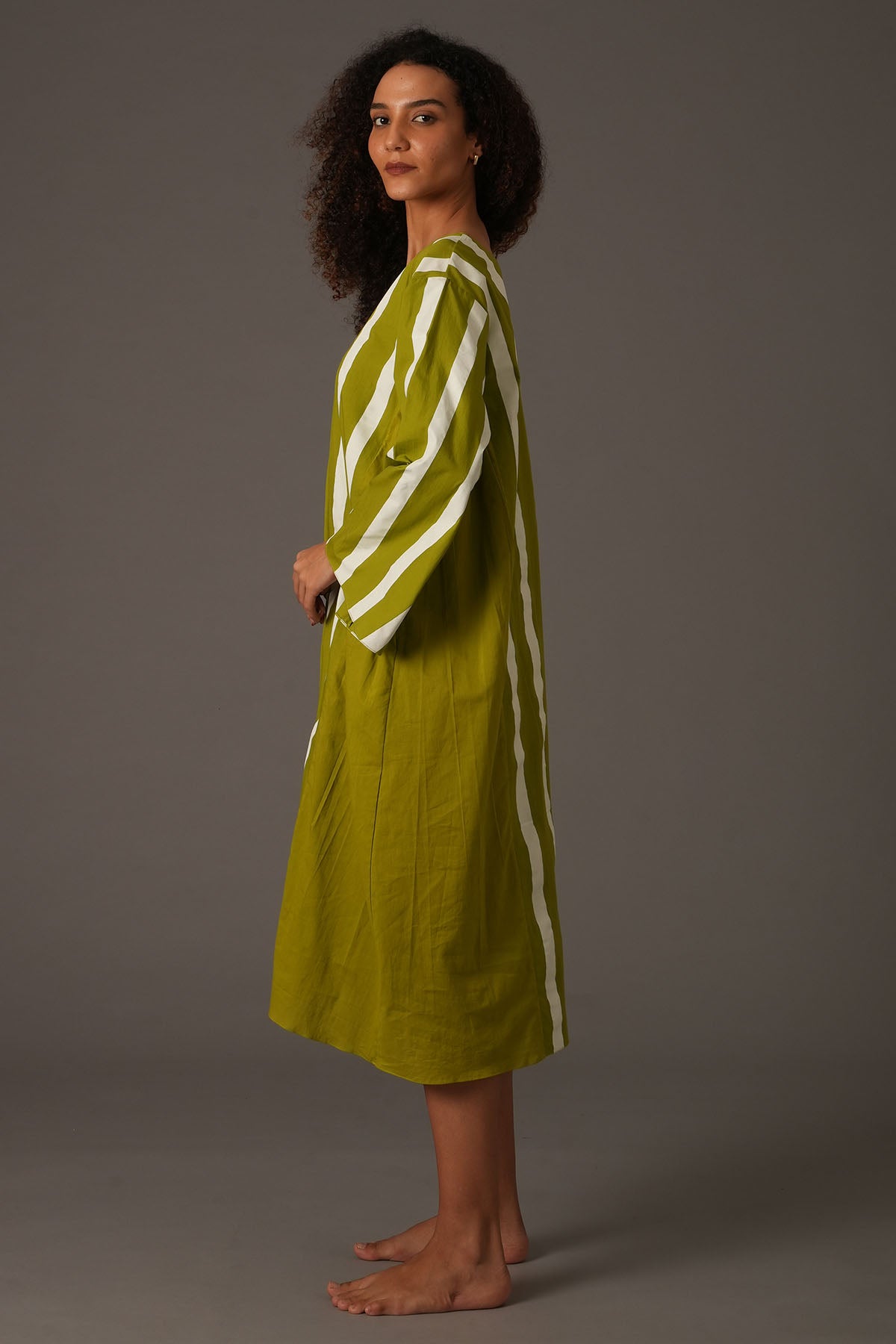 Green Flared Stripes Midi Dress