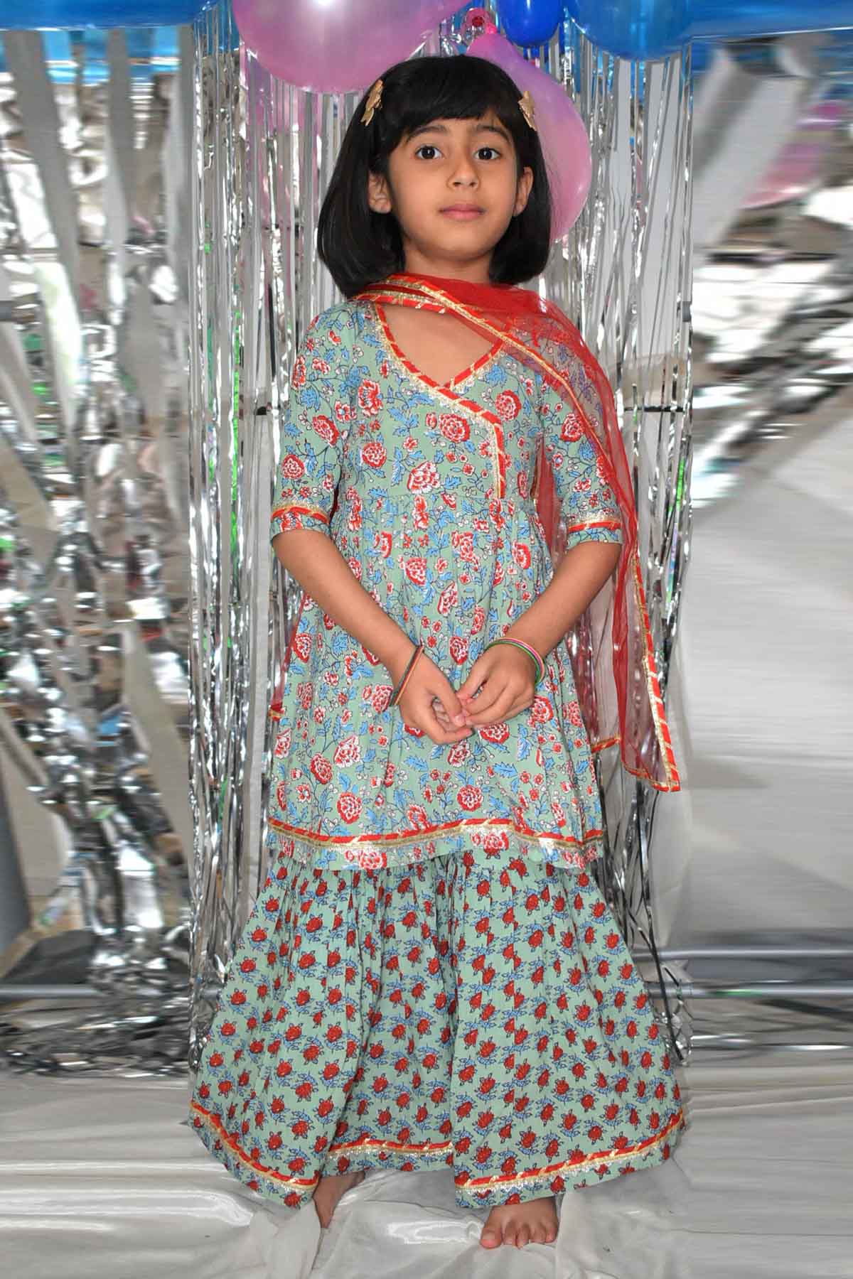 Designer ViYa Green Floral Angrakha Kurta Set For Kids Available online at ScrollnShops