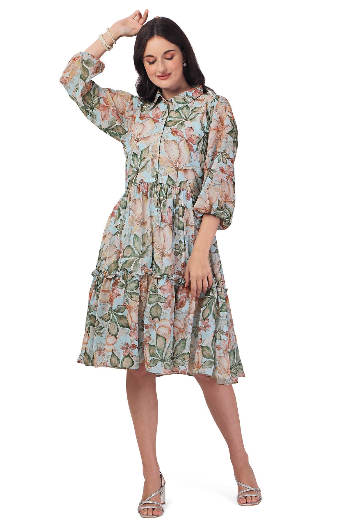 Green Floral Breezy Midi Dress