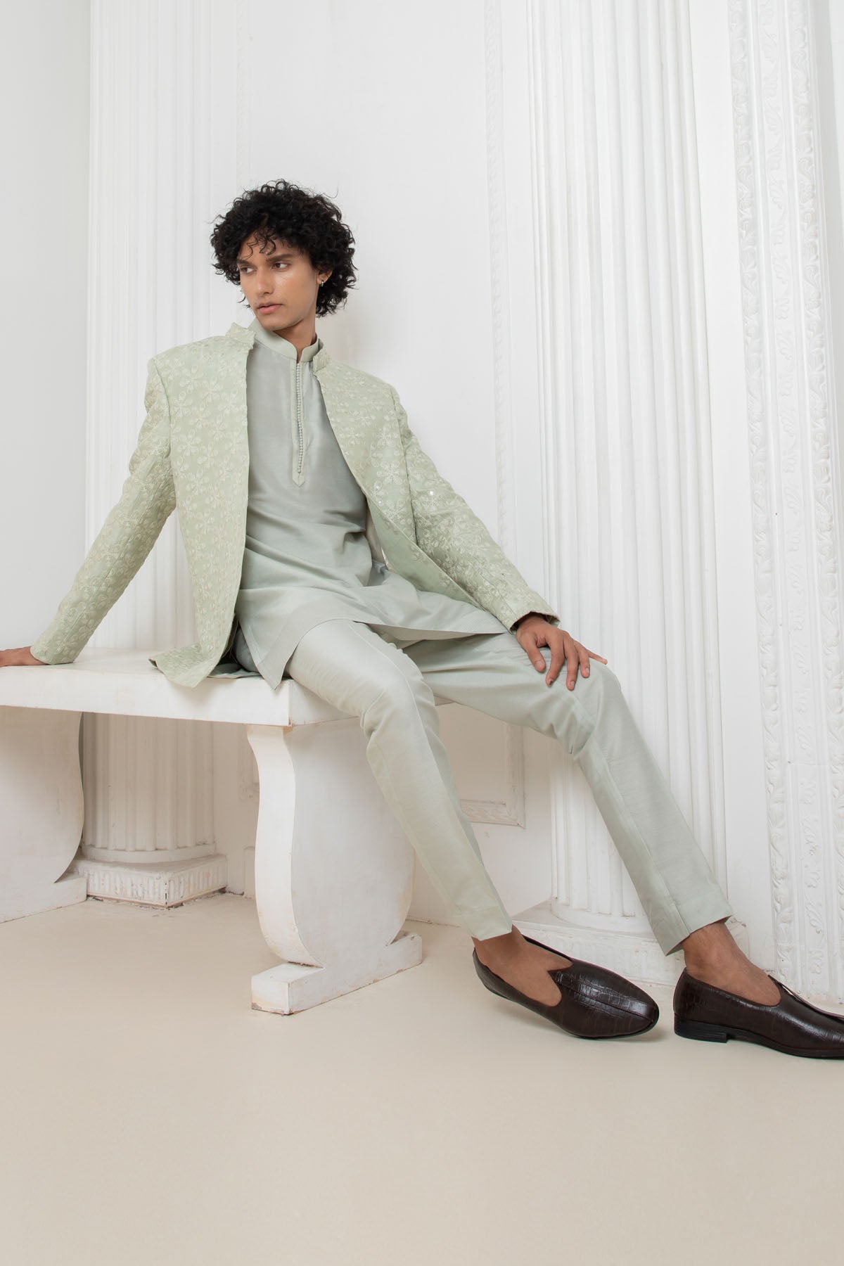 Green Floral Jacket & Kurta Set