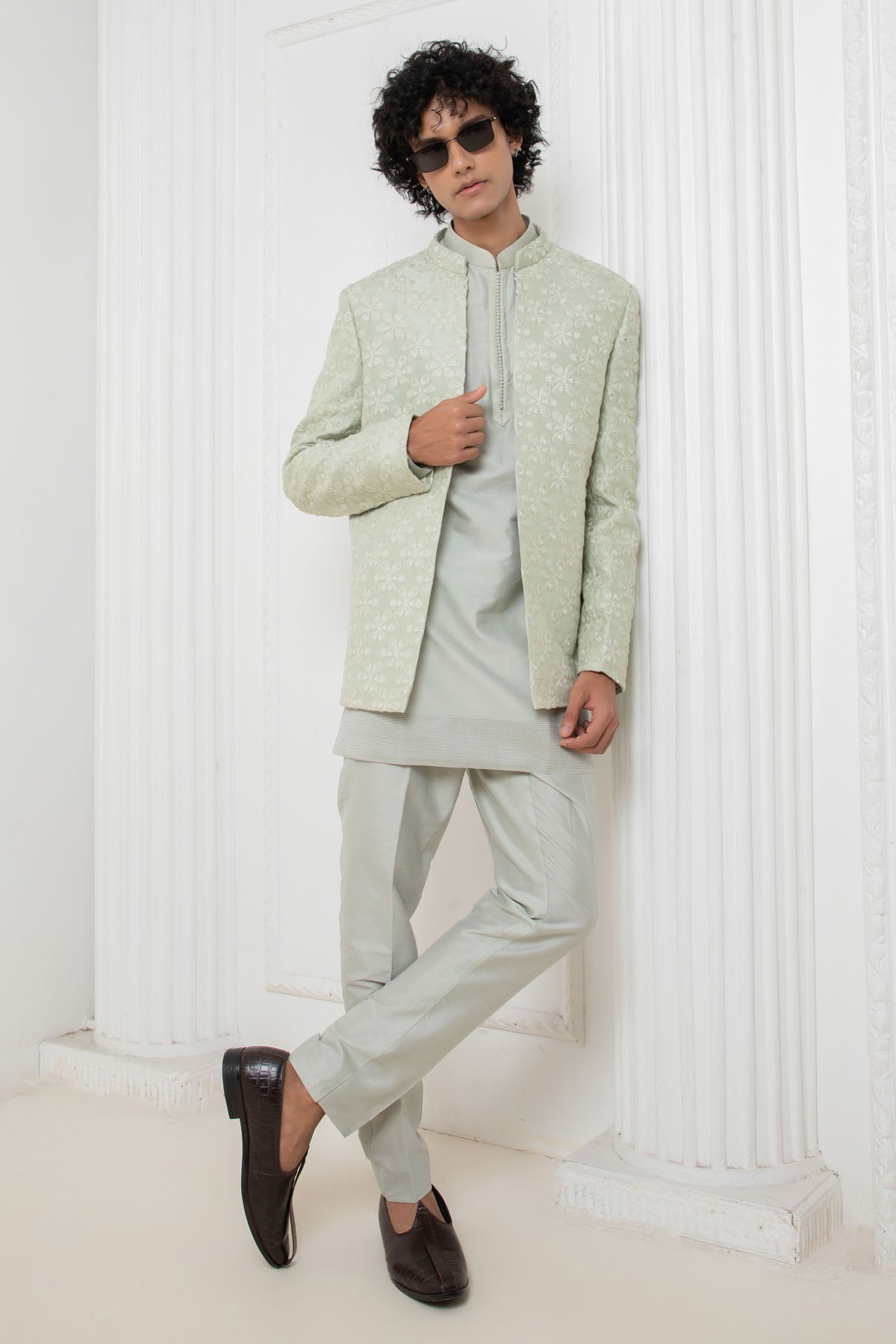 Green Floral Jacket & Kurta Set