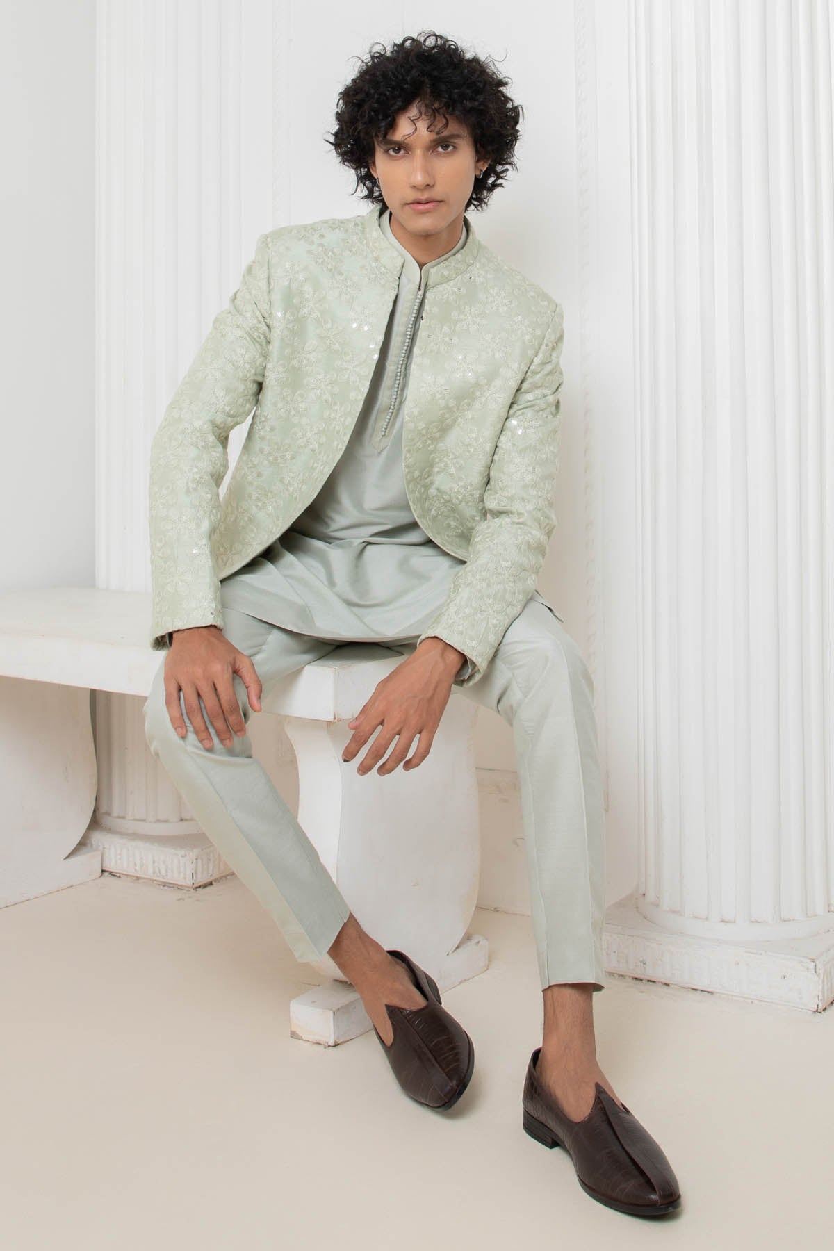 Green Floral Jacket & Kurta Set