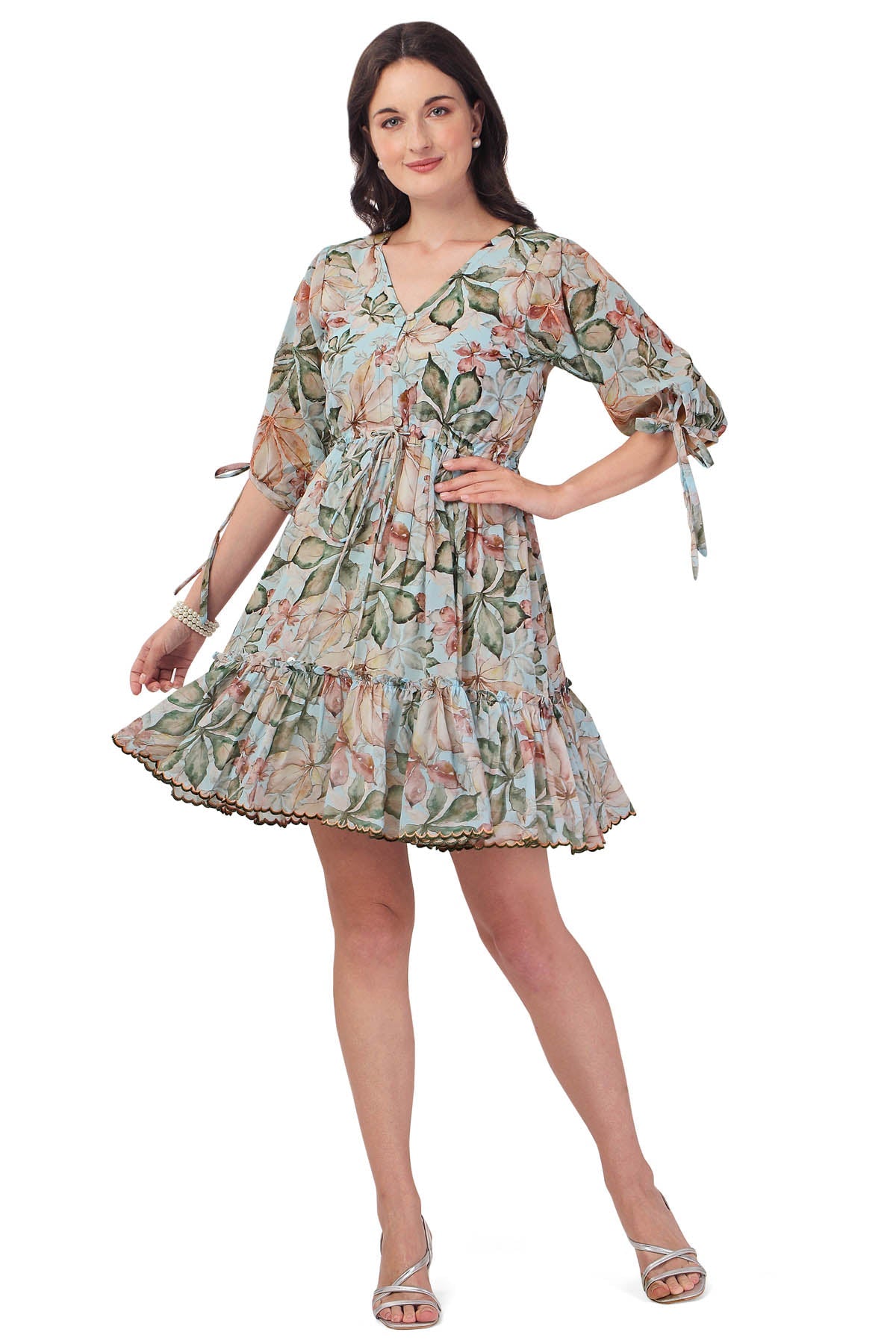 Eesha Gupta Green Floral Layered Mini Dress for women online at ScrollnShops