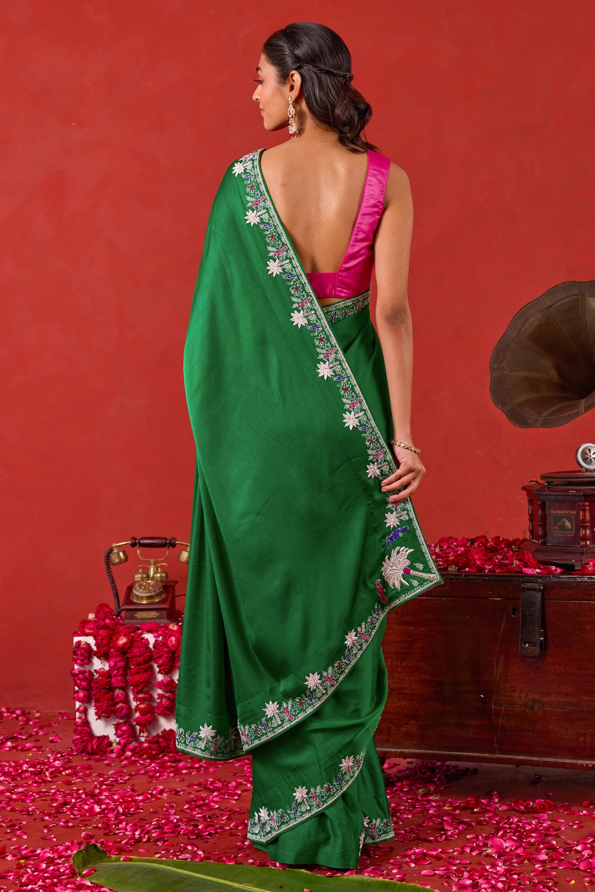 Green Floral Motifs Saree Set