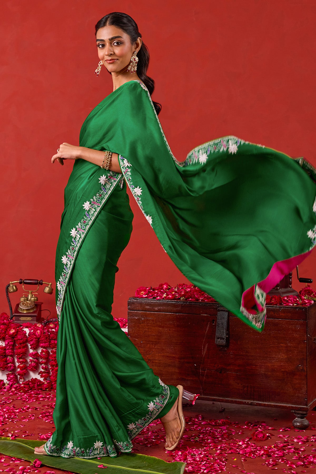 Green Floral Motifs Saree Set