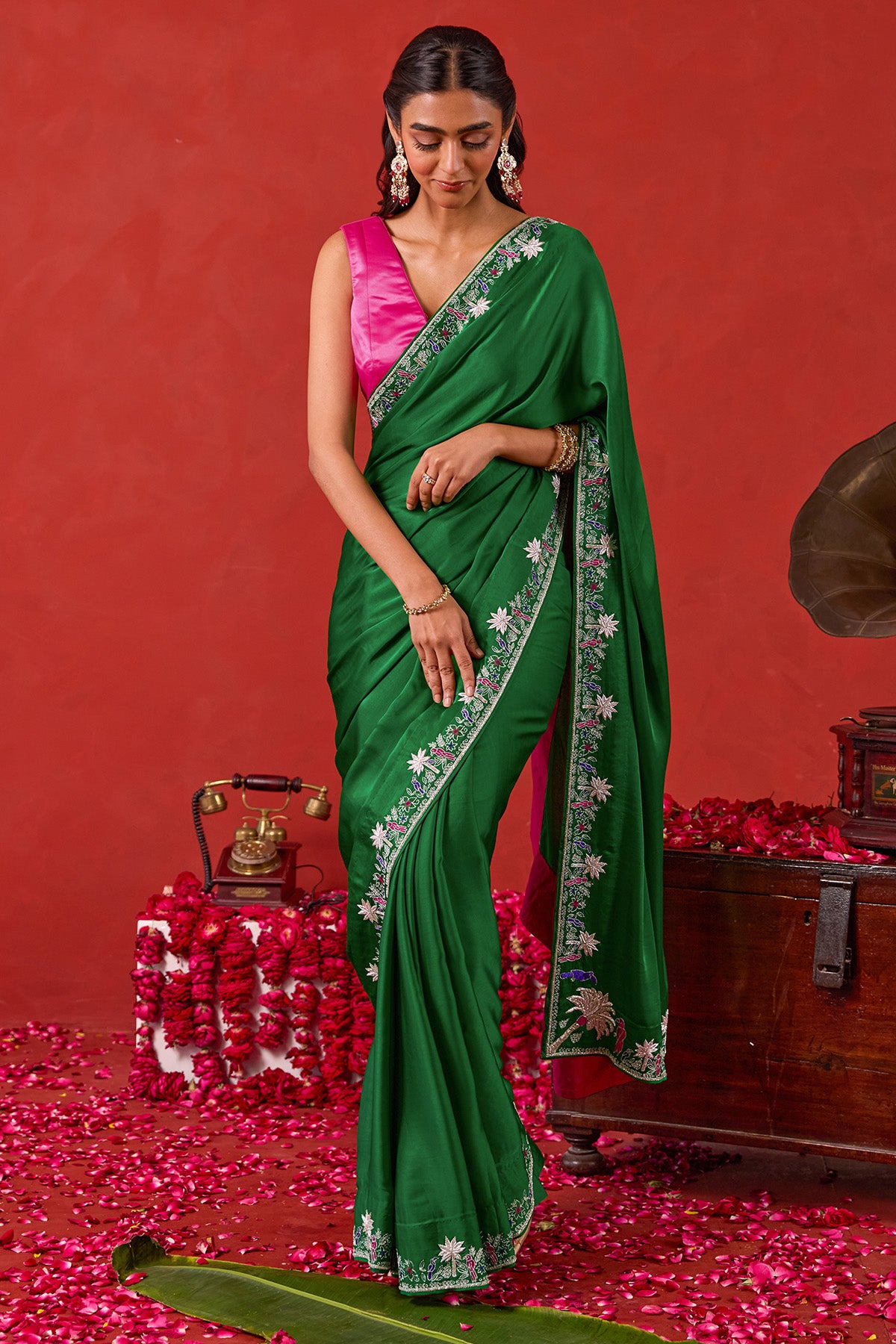Green Floral Motifs Saree Set