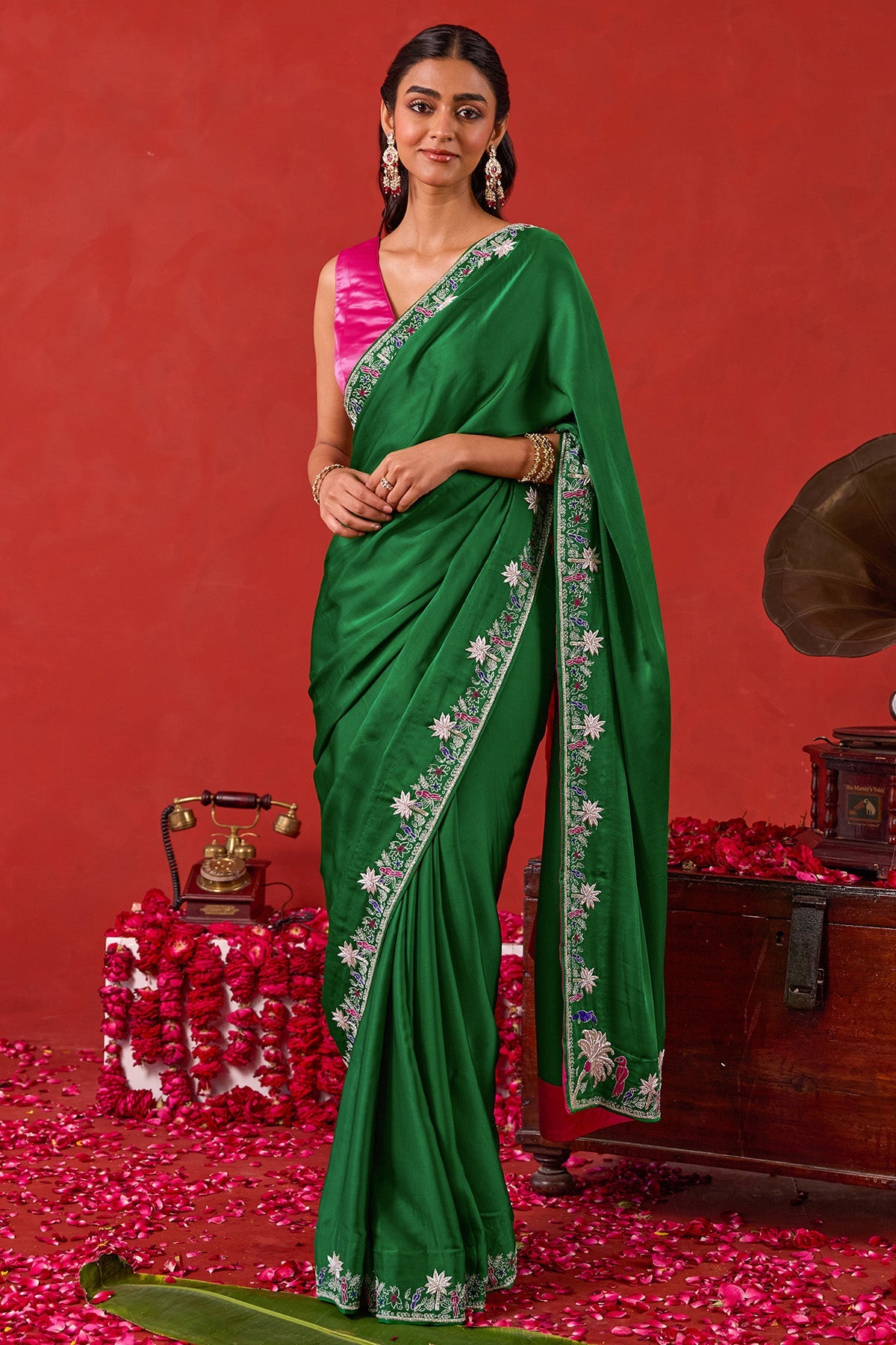 Buy Green Floral Motifs Saree Set for women by Taro India online available at scrollnshops