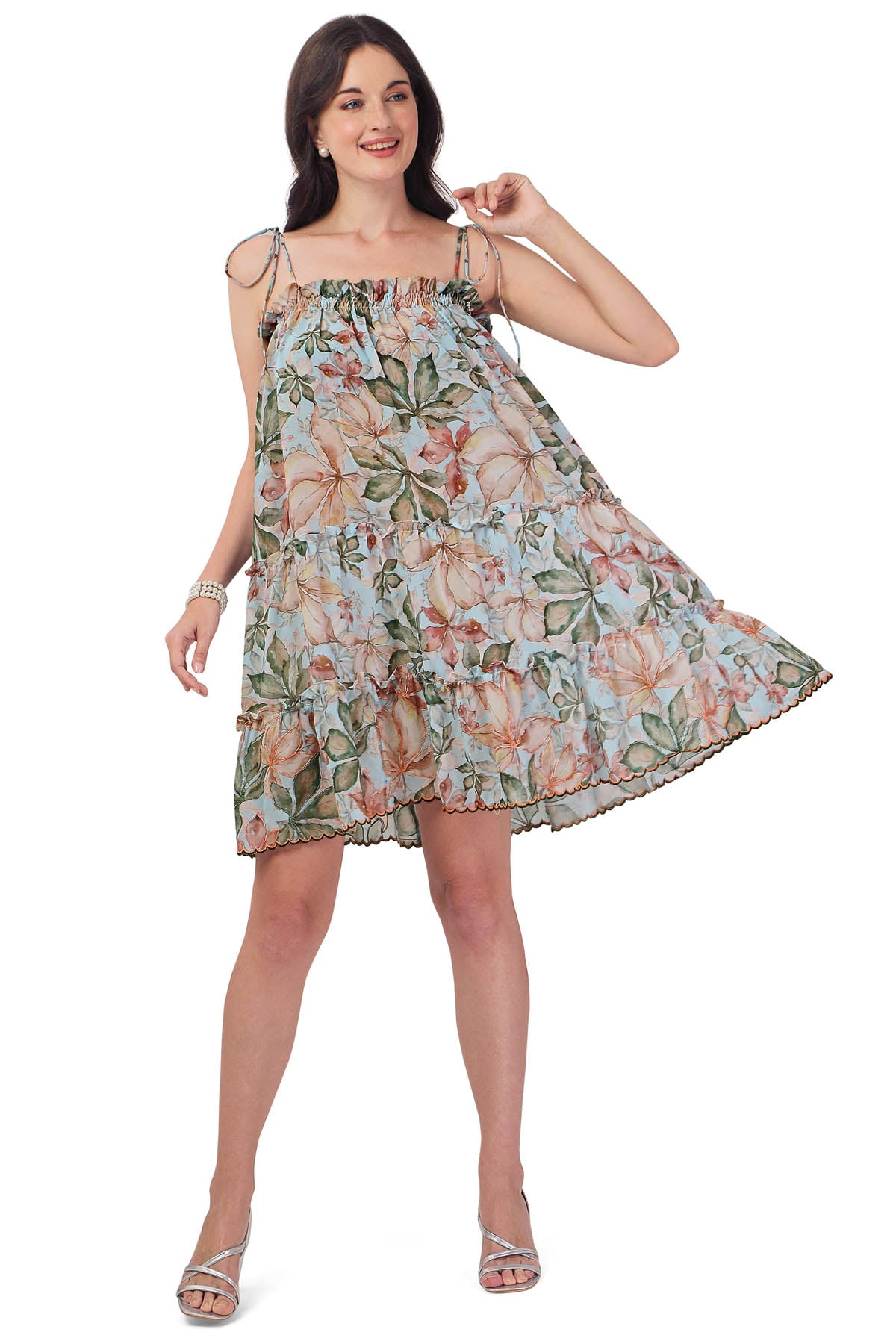 Green Floral Strappy Mini Dress