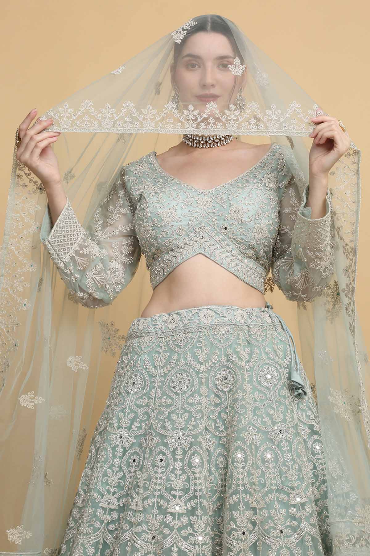 Green Floral Work Lehenga Set