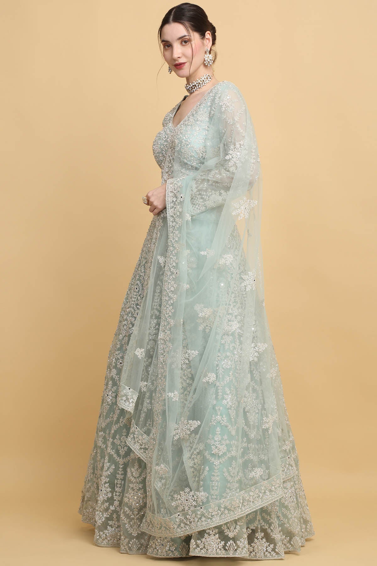 Green Floral Work Lehenga Set