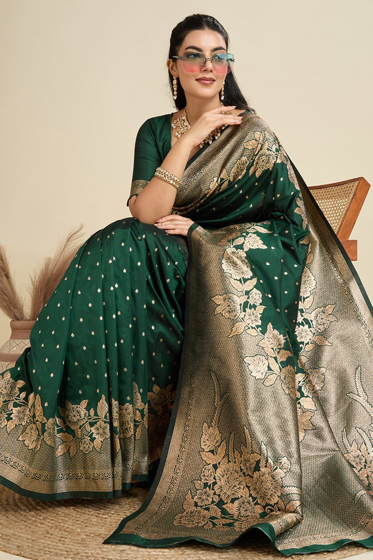 Buy Green Floral Zari Saree & Blouse for Women Online available at ScrollnShops