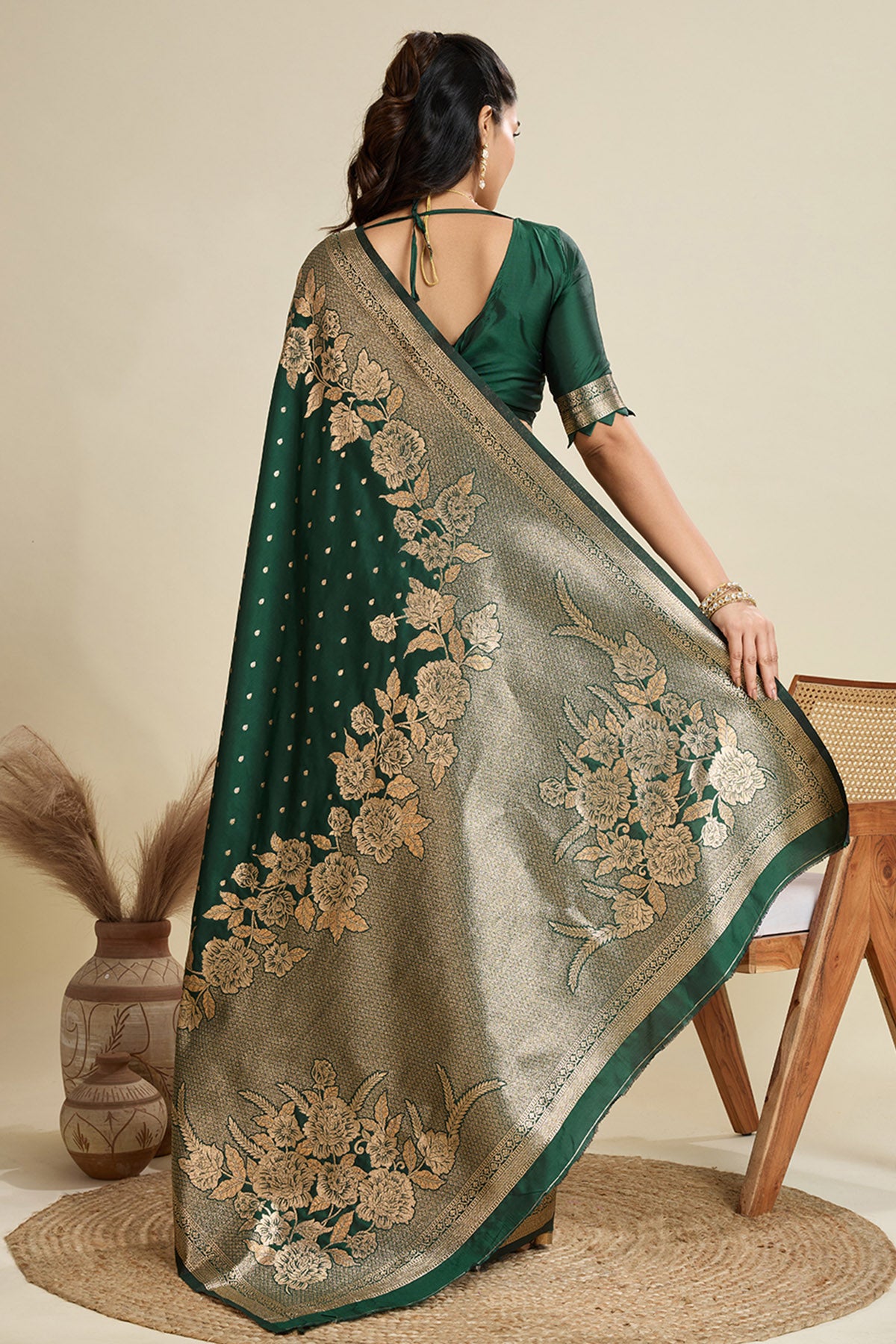 Green Floral Zari Saree & Blouse