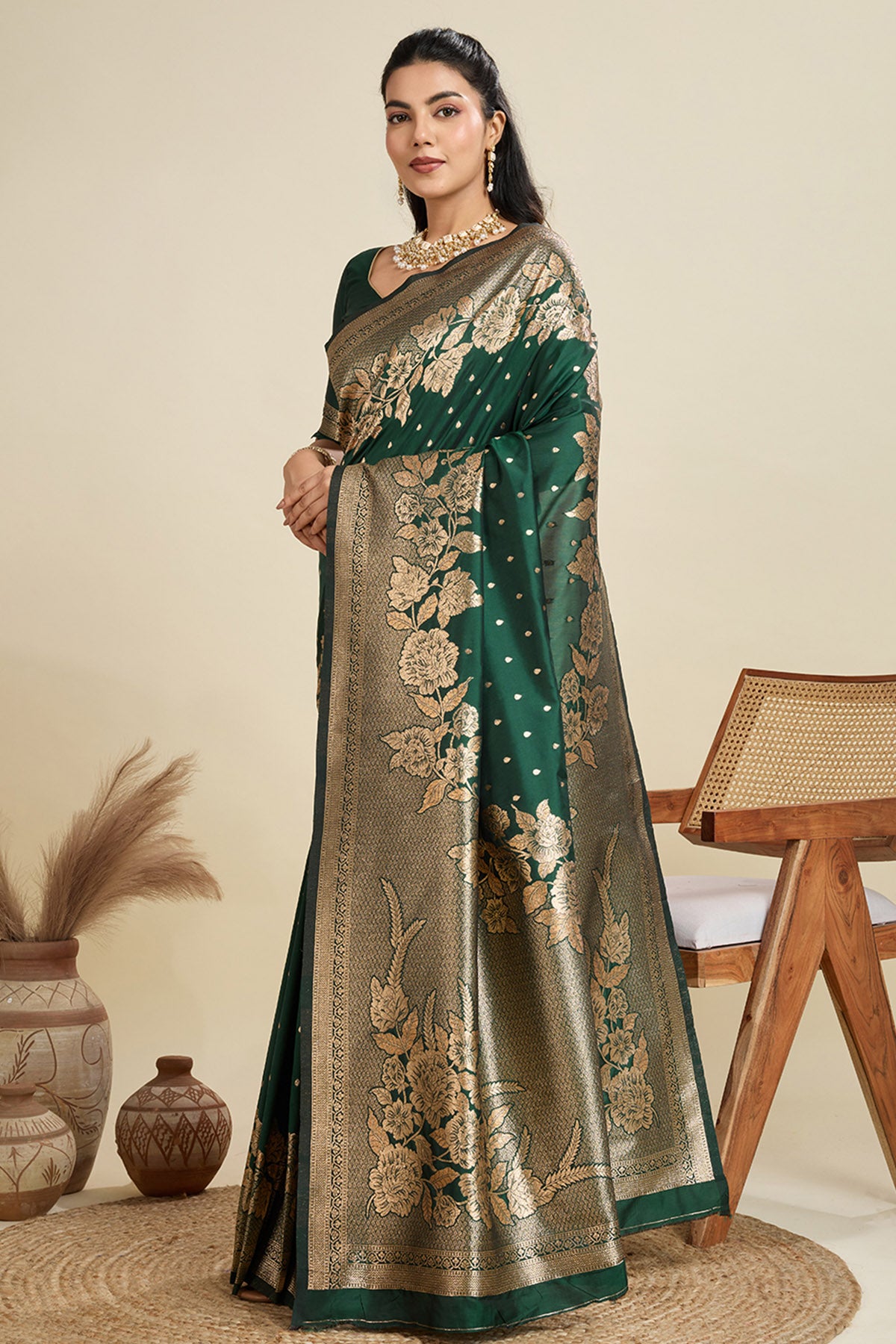 Green Floral Zari Saree & Blouse