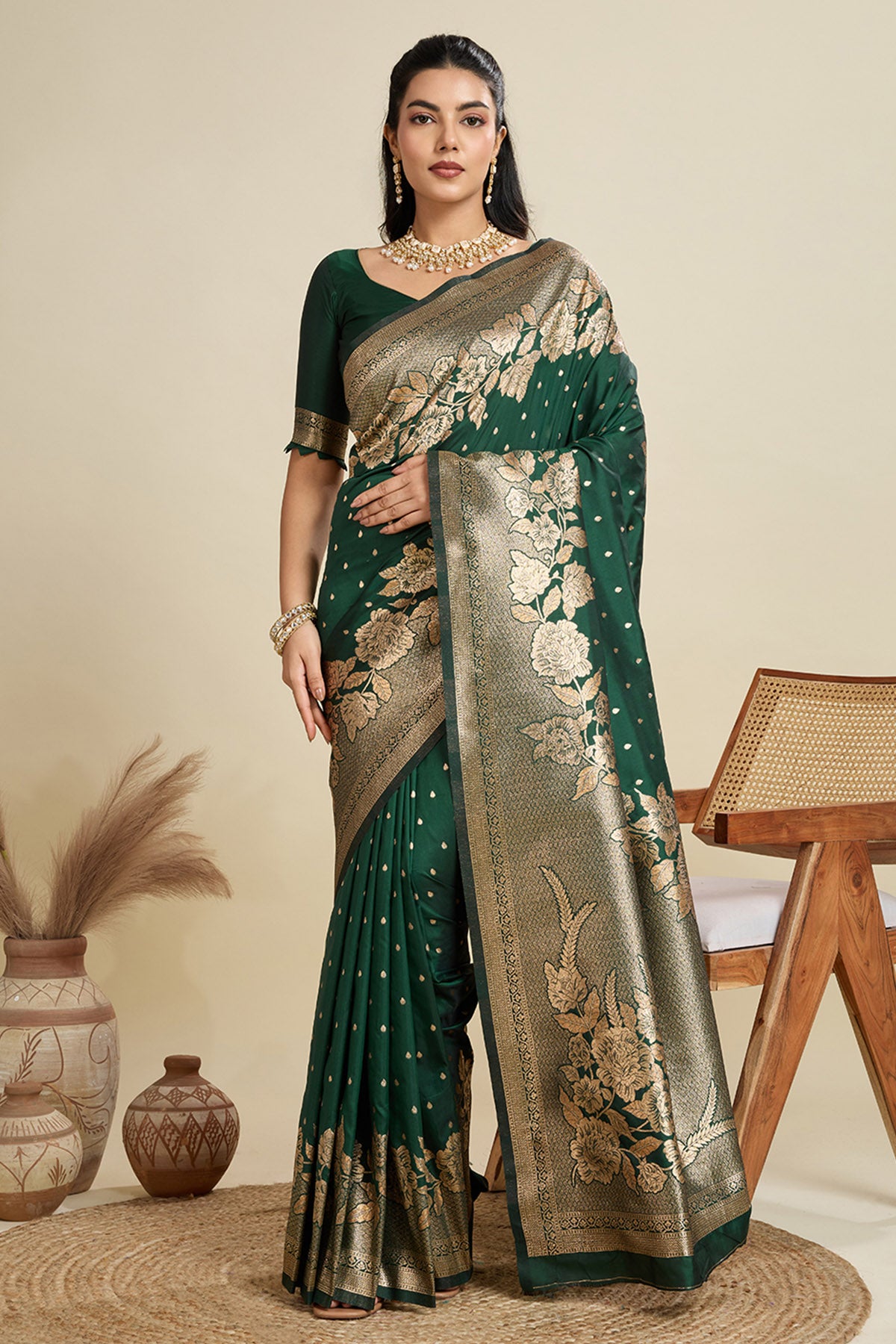 Green Floral Zari Saree & Blouse