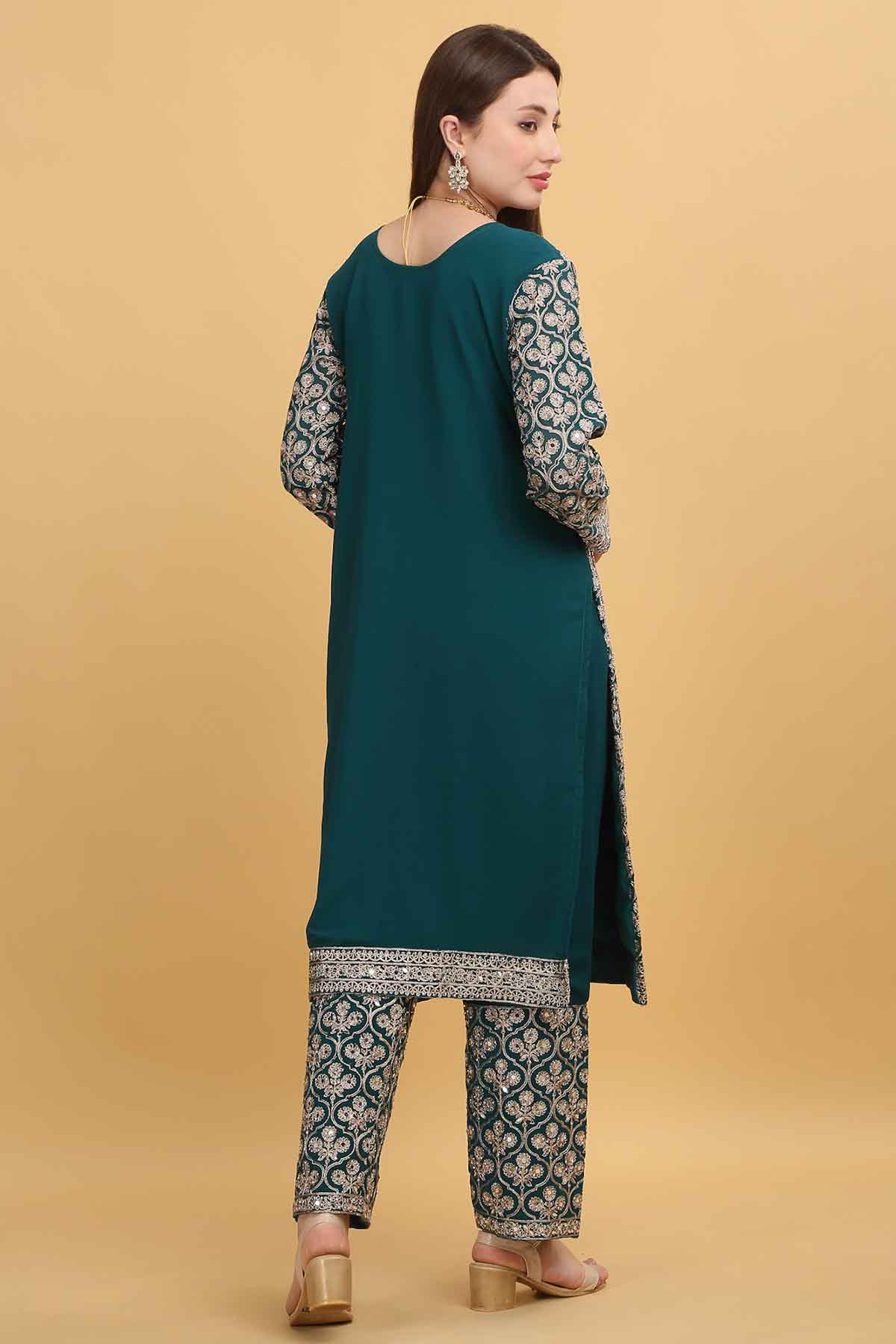 Green Floral Zari Work Kurta Set
