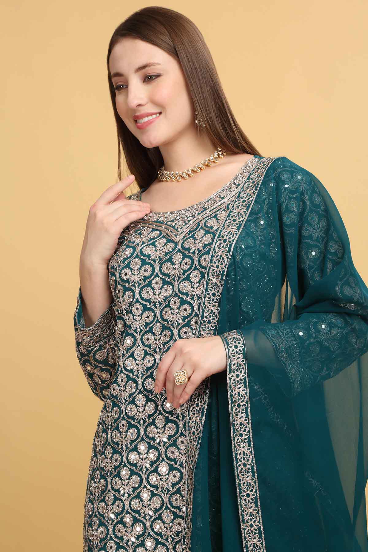 Green Floral Zari Work Kurta Set