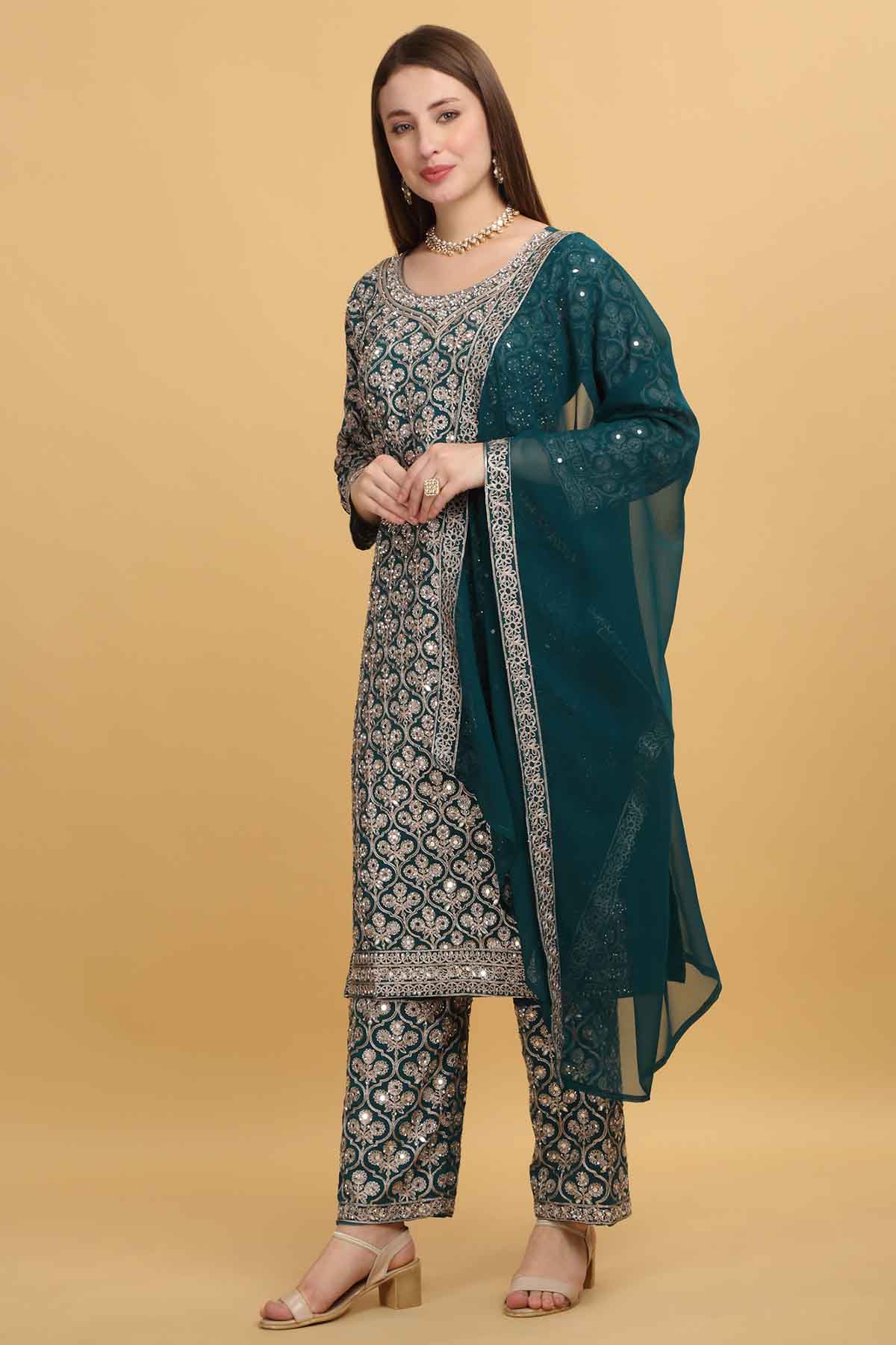 Green Floral Zari Work Kurta Set