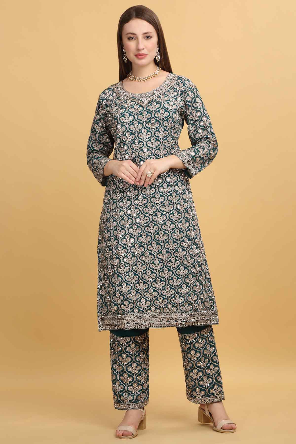 Green Floral Zari Work Kurta Set