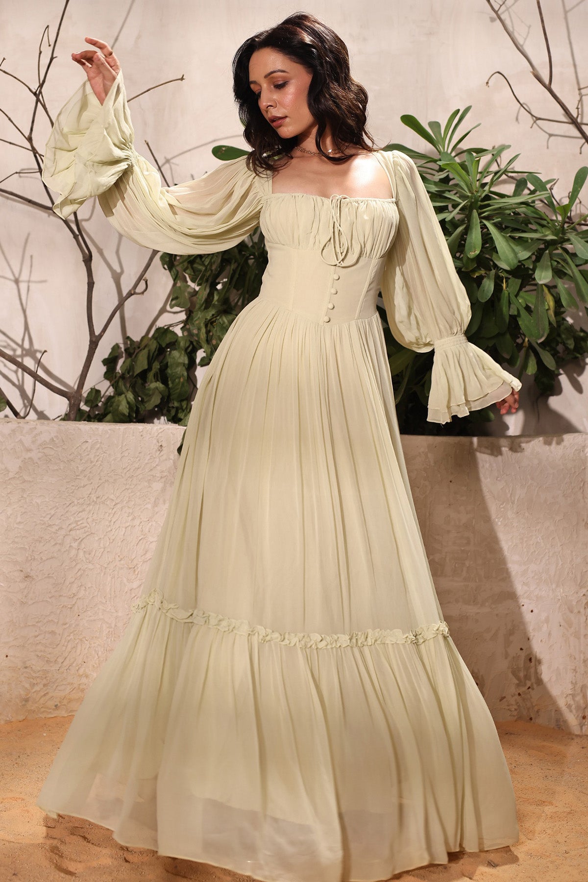 Green Georgette Flowing Dress