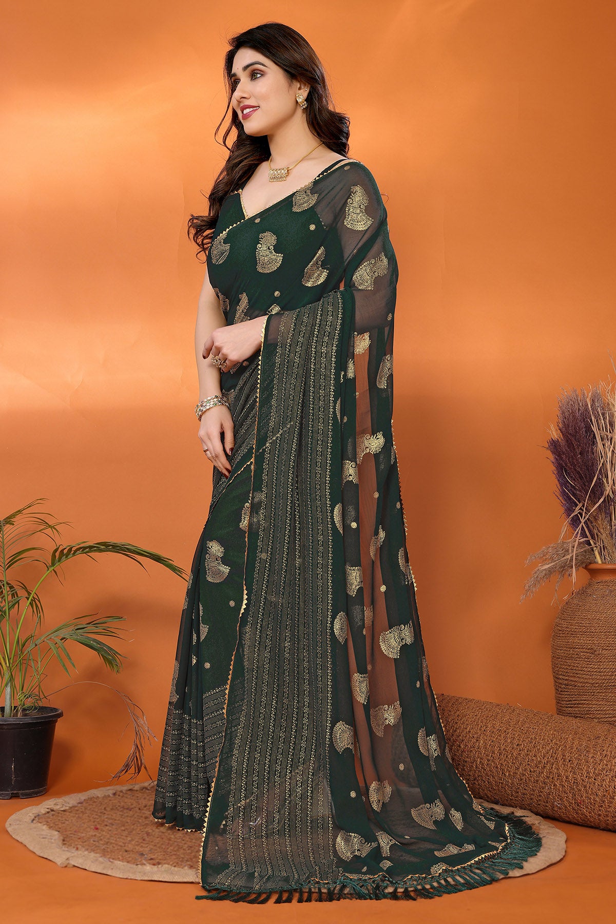 Green Georgette Foil Work Saree