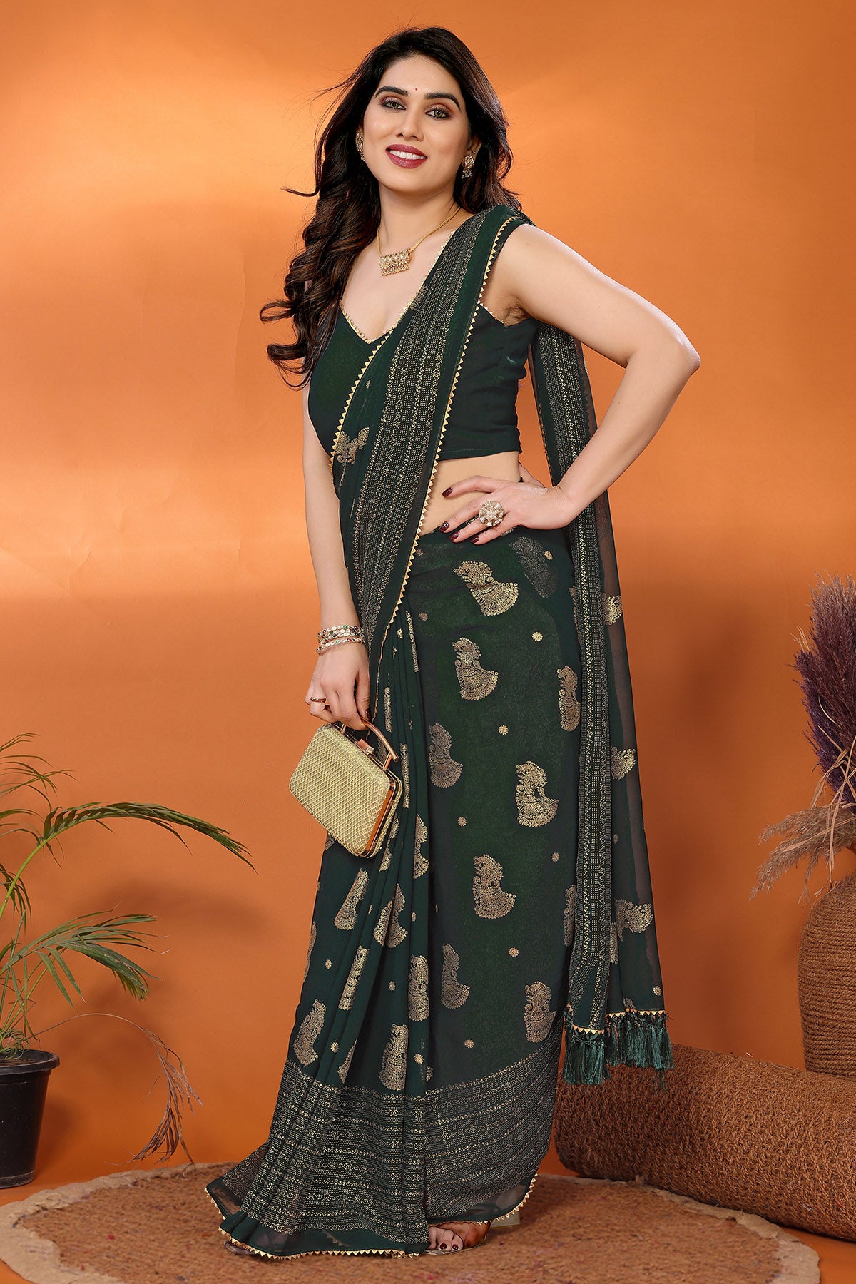 Green Georgette Foil Work Saree